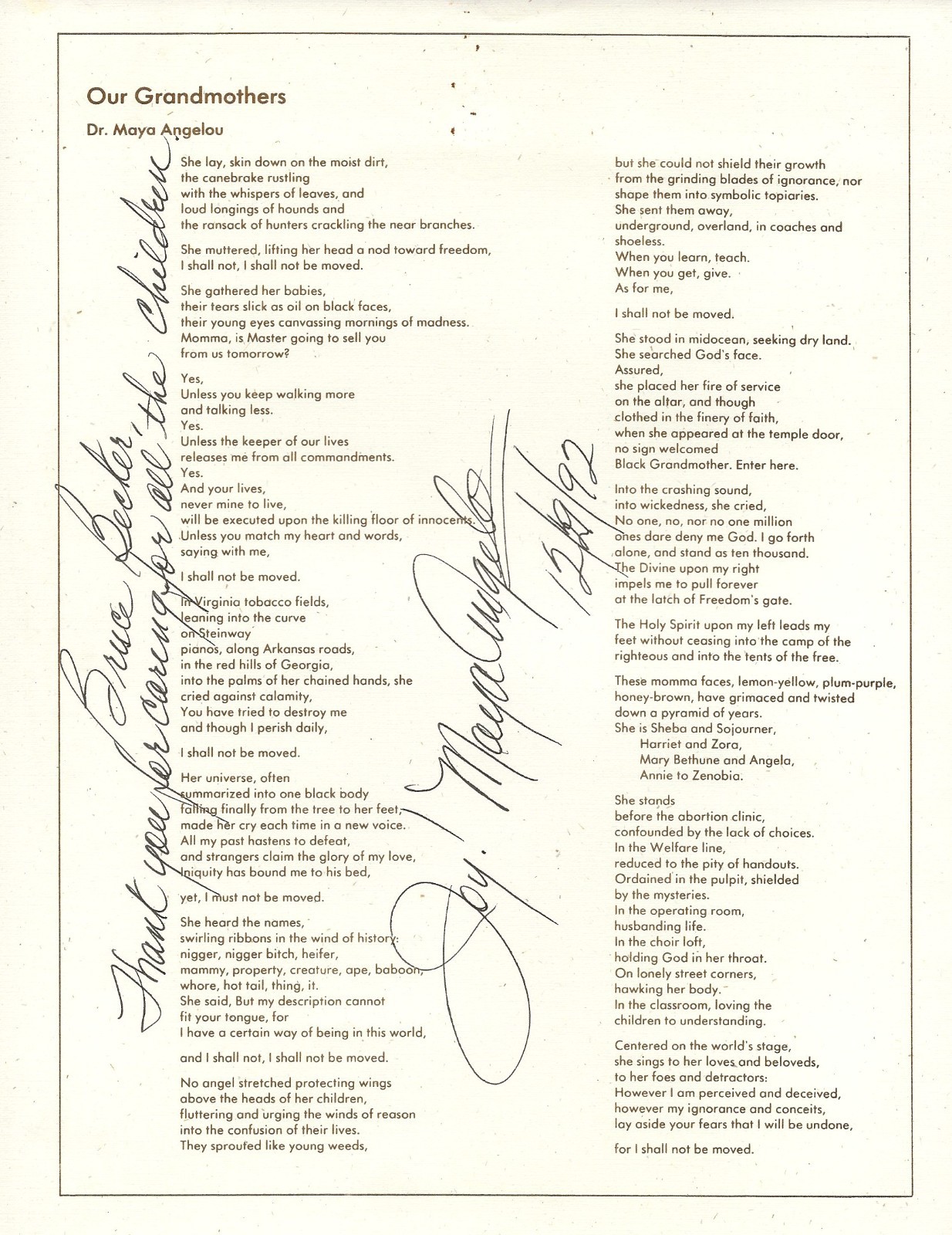 MAYA ANGELOU-HAND SIGNED 1992 POEM-OUR GRANDMOTHER+ENVELOPE-NICE INSCRIPTION
