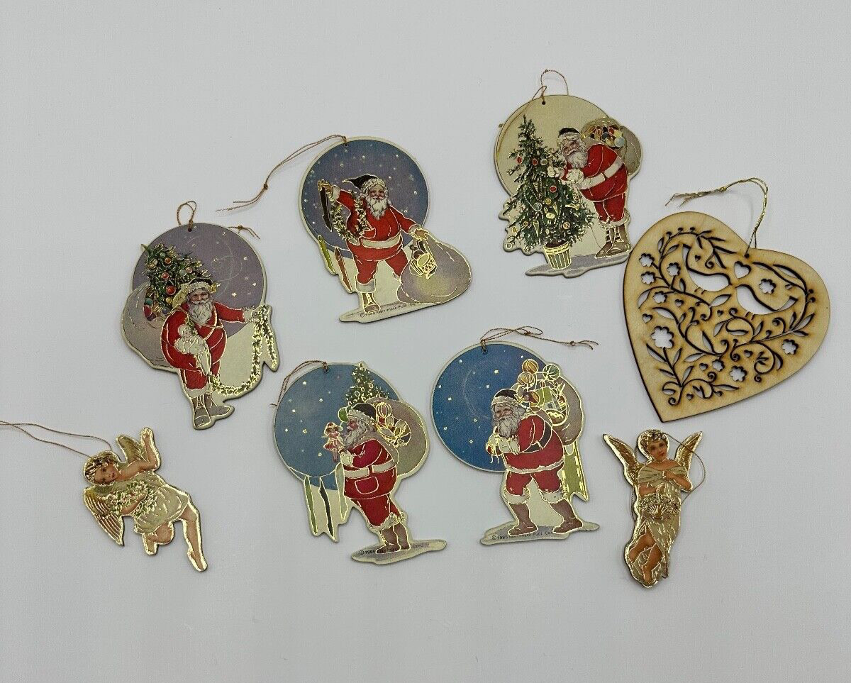 Vintage Christmas Santa Angeles Cardboard Ornaments Wood Heart Lot Of 8