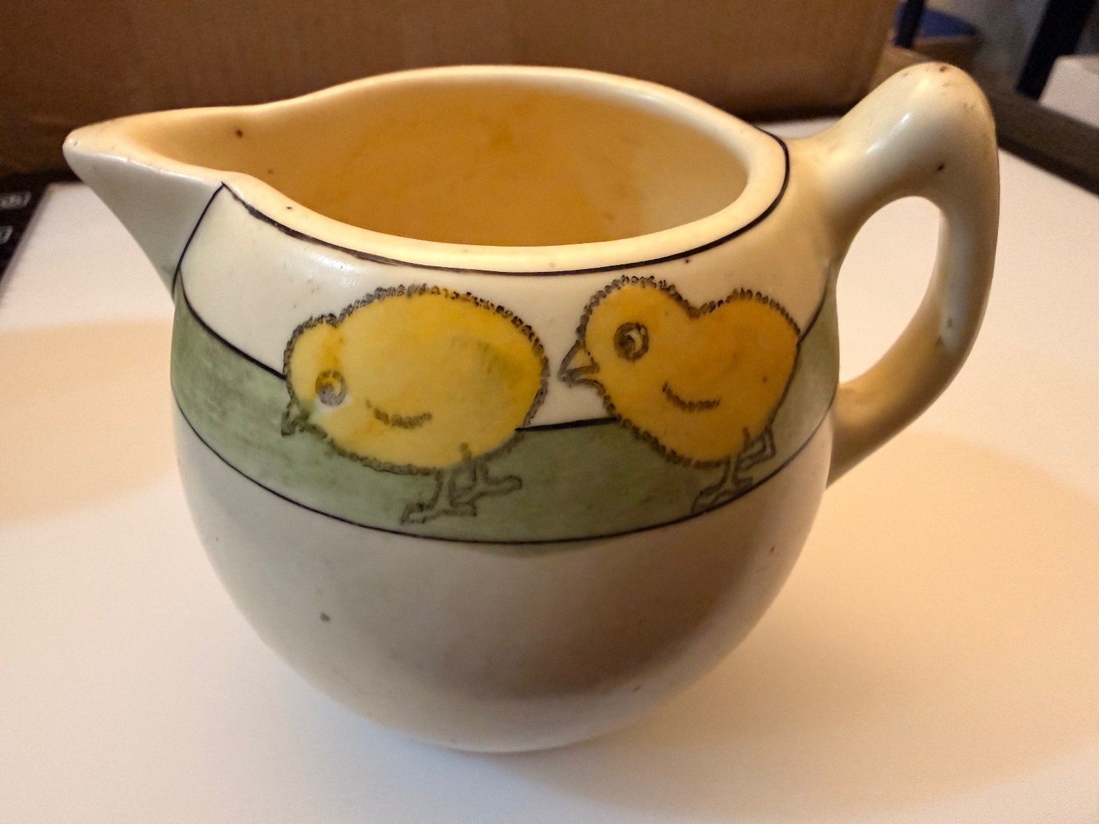 Antique c1920 Roseville Juvenile Ware Baby Chicks Creamer Pitcher Green Band Antique c1920 Roseville Juvenile Ware Baby Chicks Creamer Pitcher Green Band