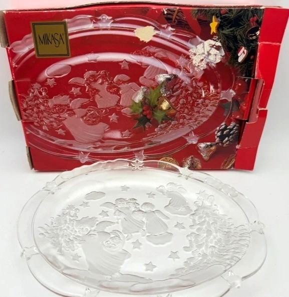 Mikasa Holiday Lights Crystal Frosted Glass Christmas Sweet Dish 9.25” Angels Bo