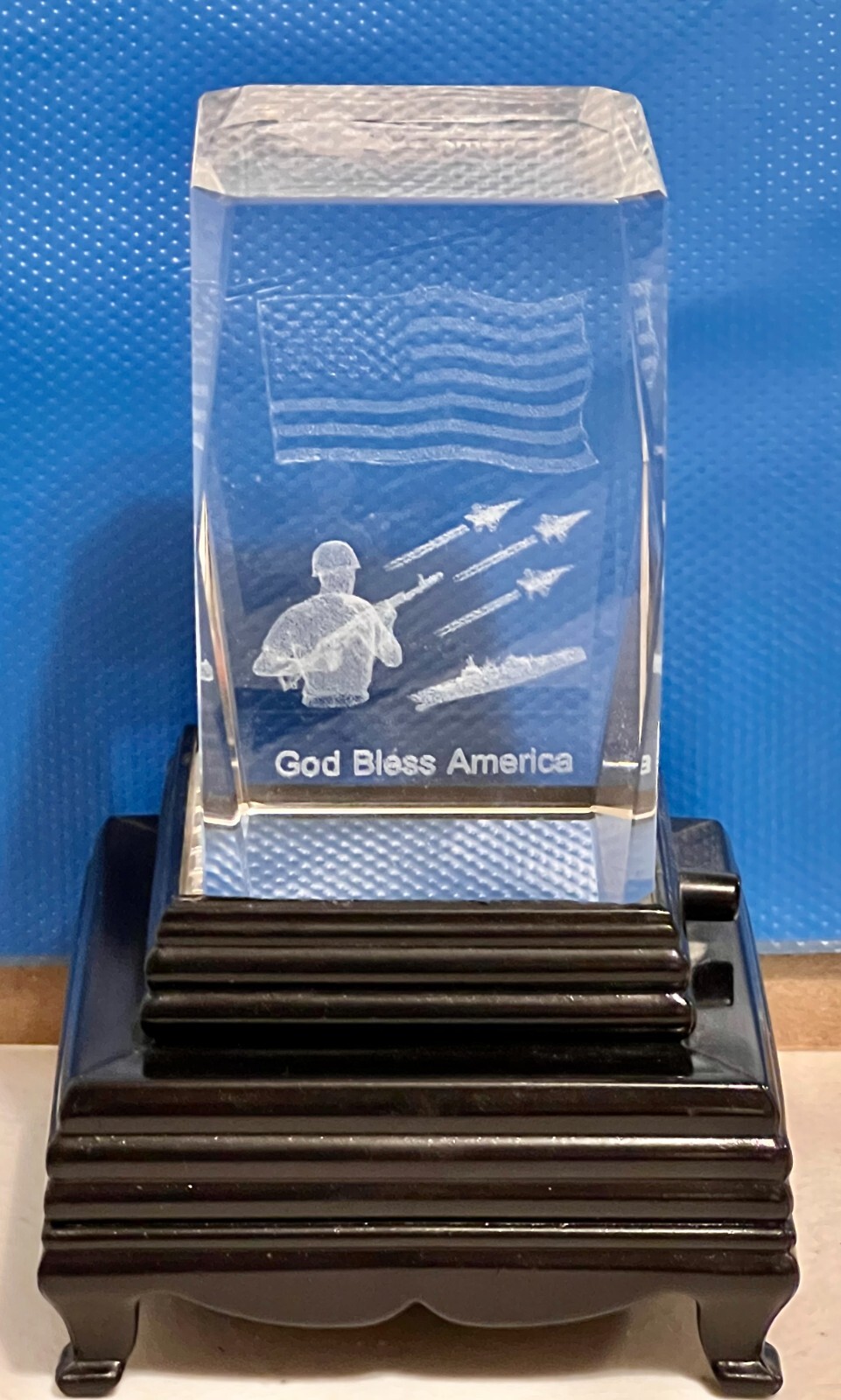 VTG Clear Lucite Glass Paperweight God Bless America 2x3” With Lighted Stand VTG Clear Lucite Glass Paperweight God Bless America 2x3” With Lighted Stand