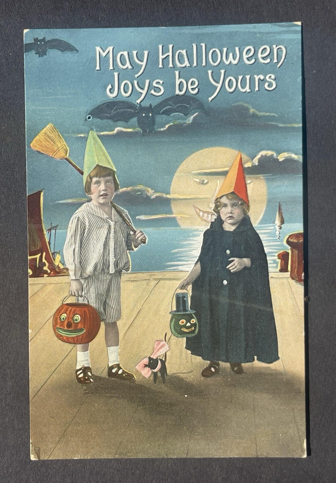 Vintage Sanders Halloween Joys Postcard Costumed Kids Moon Cat Rare Near Mint