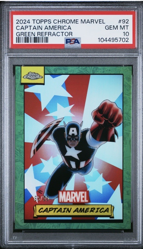 2024 Topps Chrome Marvel Captain America Green Refractor 65 /99 PSA 10 #92 POP 9 2024 Topps Chrome Marvel Captain America Green Refractor 65 /99 PSA 10 #92 POP 9