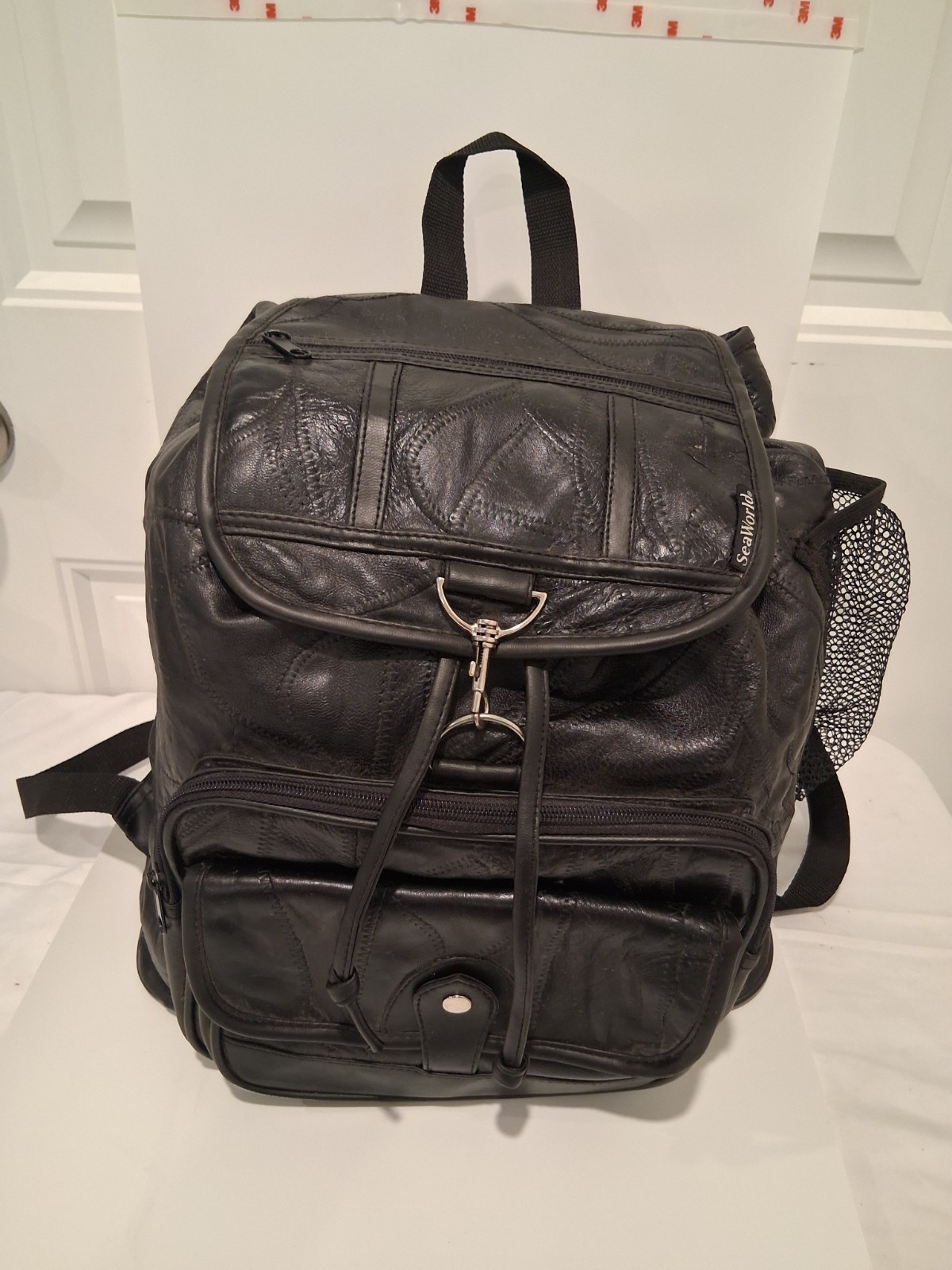 Vtg SeaWorld Black Leather Patchwork Backpack Drawstring Theme Park Souvenir Vtg SeaWorld Black Leather Patchwork Backpack Drawstring Theme Park Souvenir