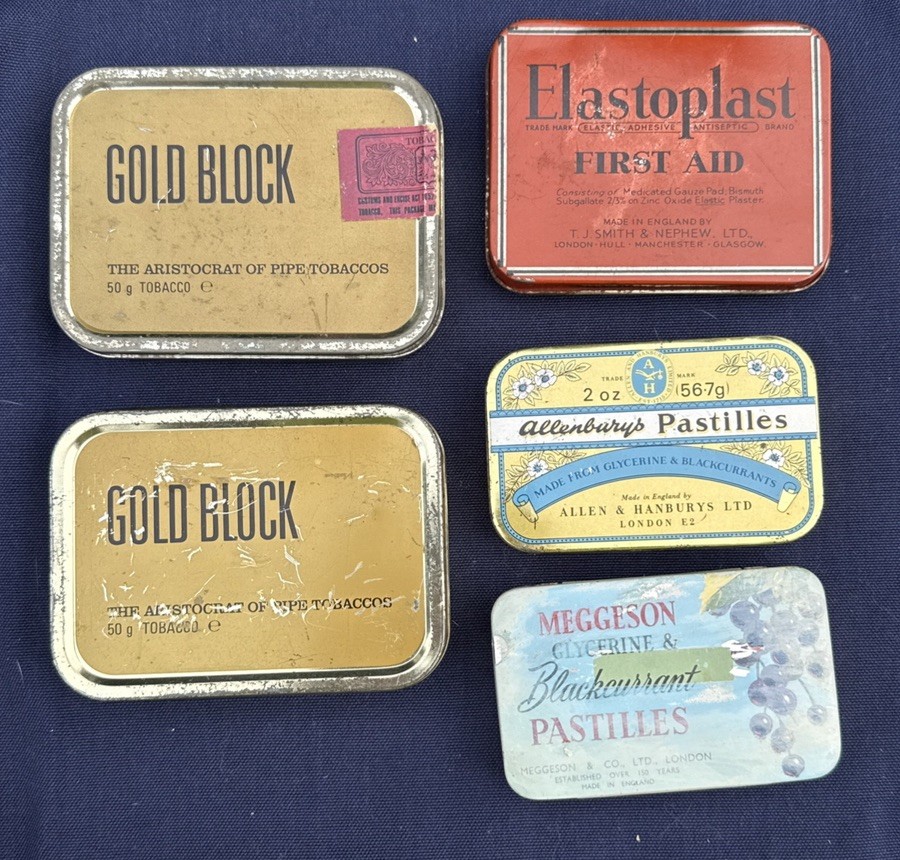 Five Vintage Tins Gold Block - Elastoplast - Allen & Hanburys - Meggeson 