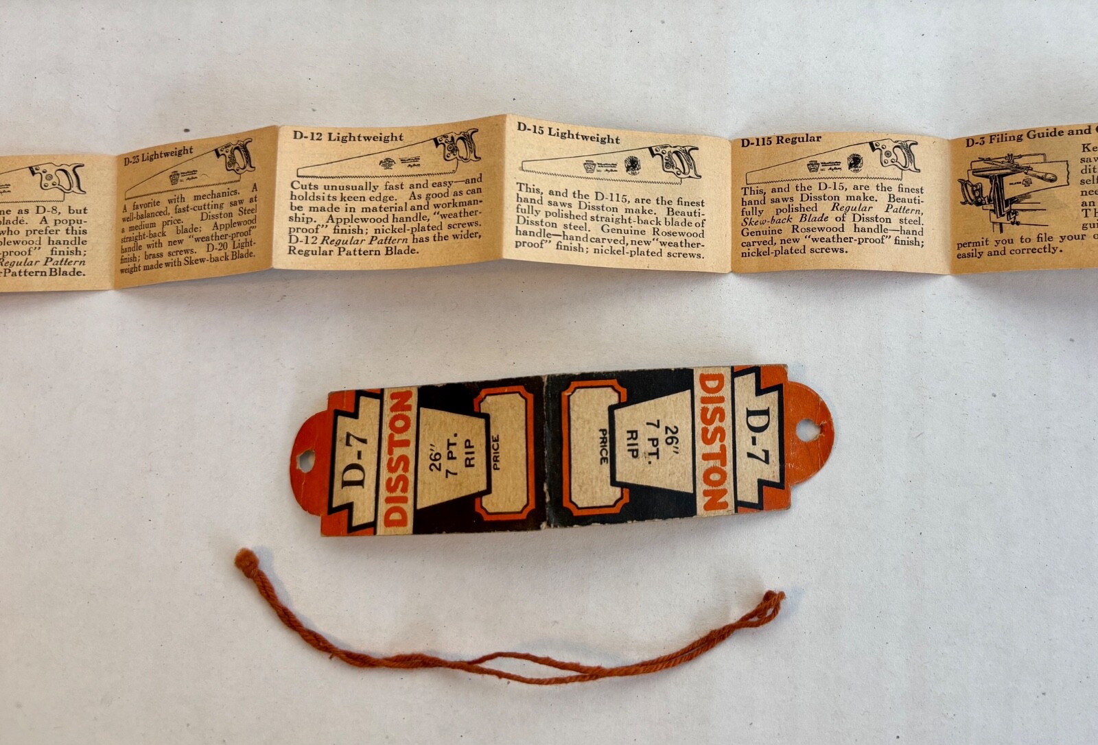 Vintage ORIGINAL Paper String Tag/Label-DISSTON D-7 26\