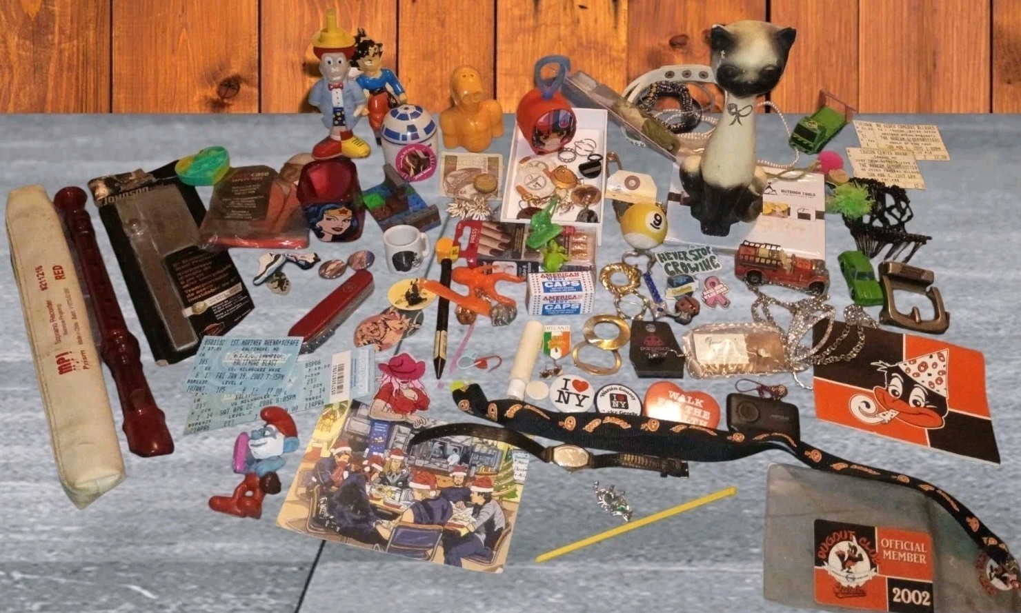  Vintage Junk Drawer Lot Tootsietoy Victorinox Avon Pogs Toys Jewelry Ephemera