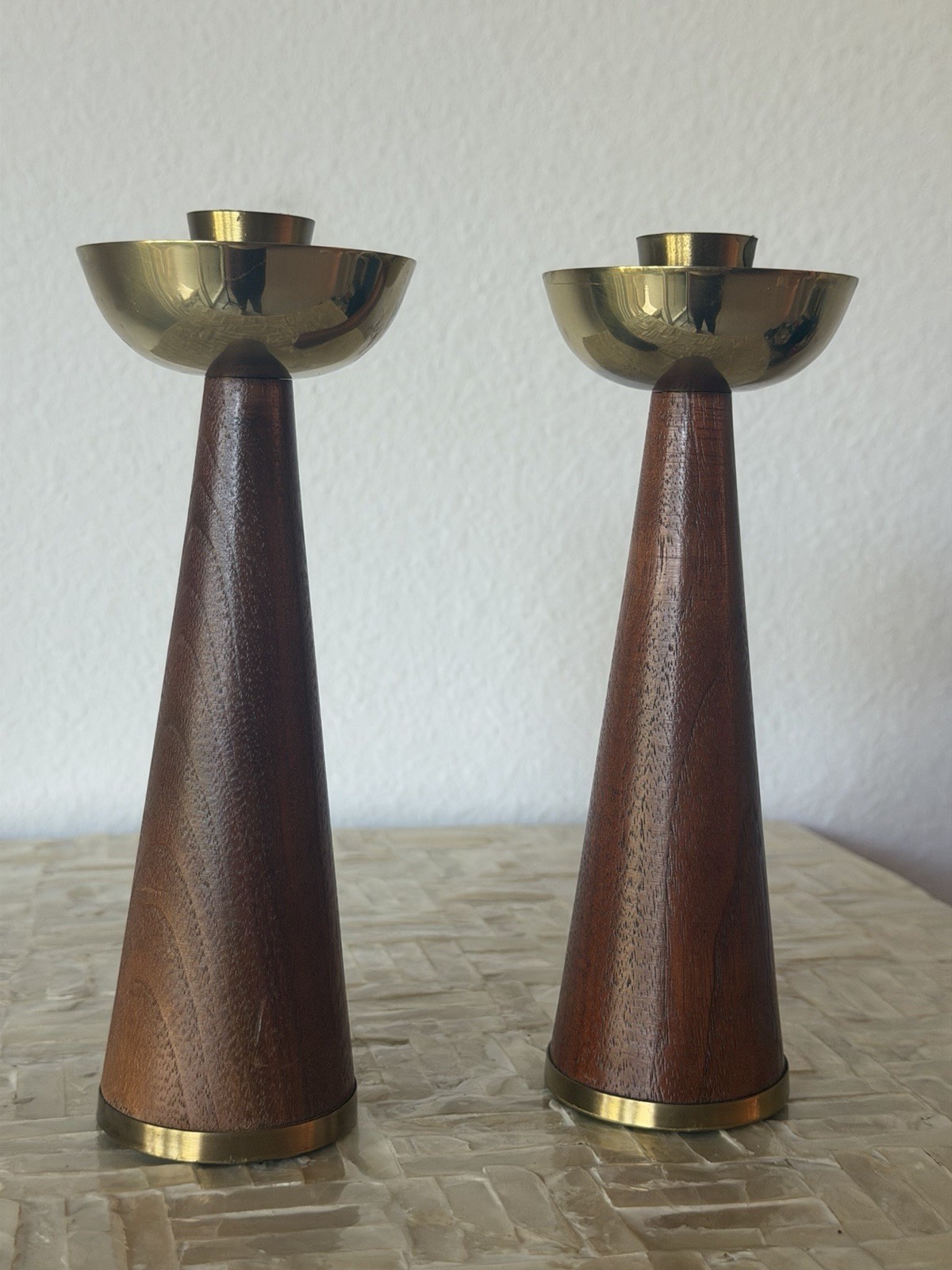 Vintage Chicago Brass Wood Candlestick Pair | Mid Century MCM Candle Holders