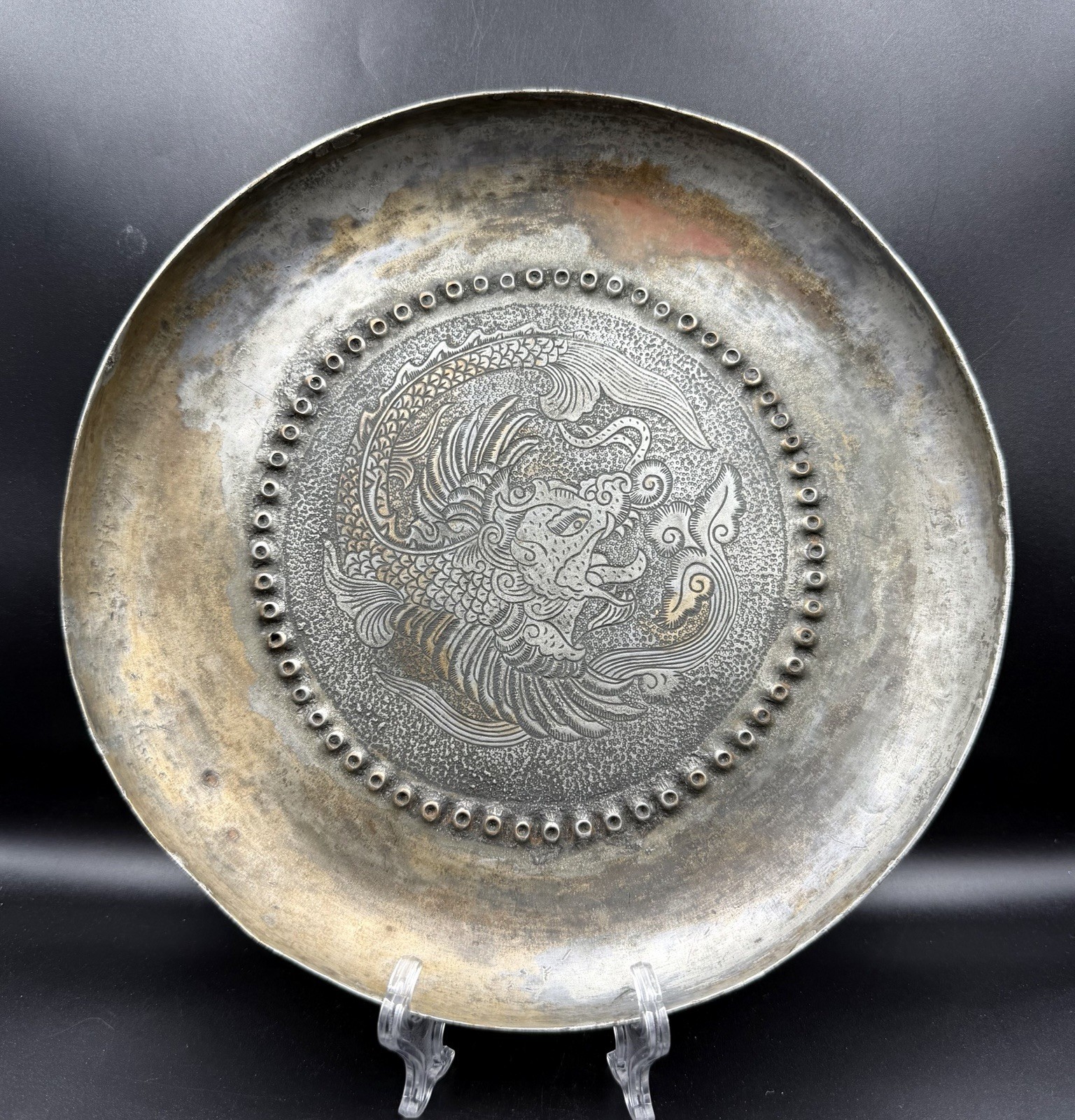 Vintage Hand Engraved Dragon Copper Plate Decorative Art Bowl 22cm