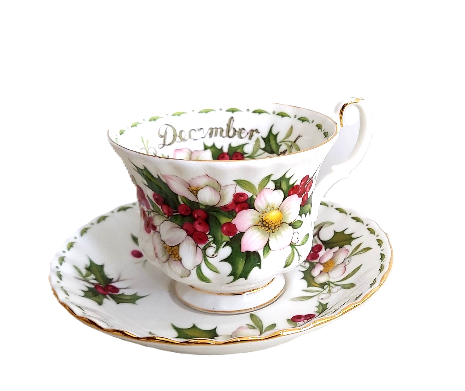 Vtg ROYAL ALBERT DECEMBER Teacup Saucer Christmas Rose Flower Of The Month EUC Vtg ROYAL ALBERT DECEMBER Teacup Saucer Christmas Rose Flower Of The Month EUC