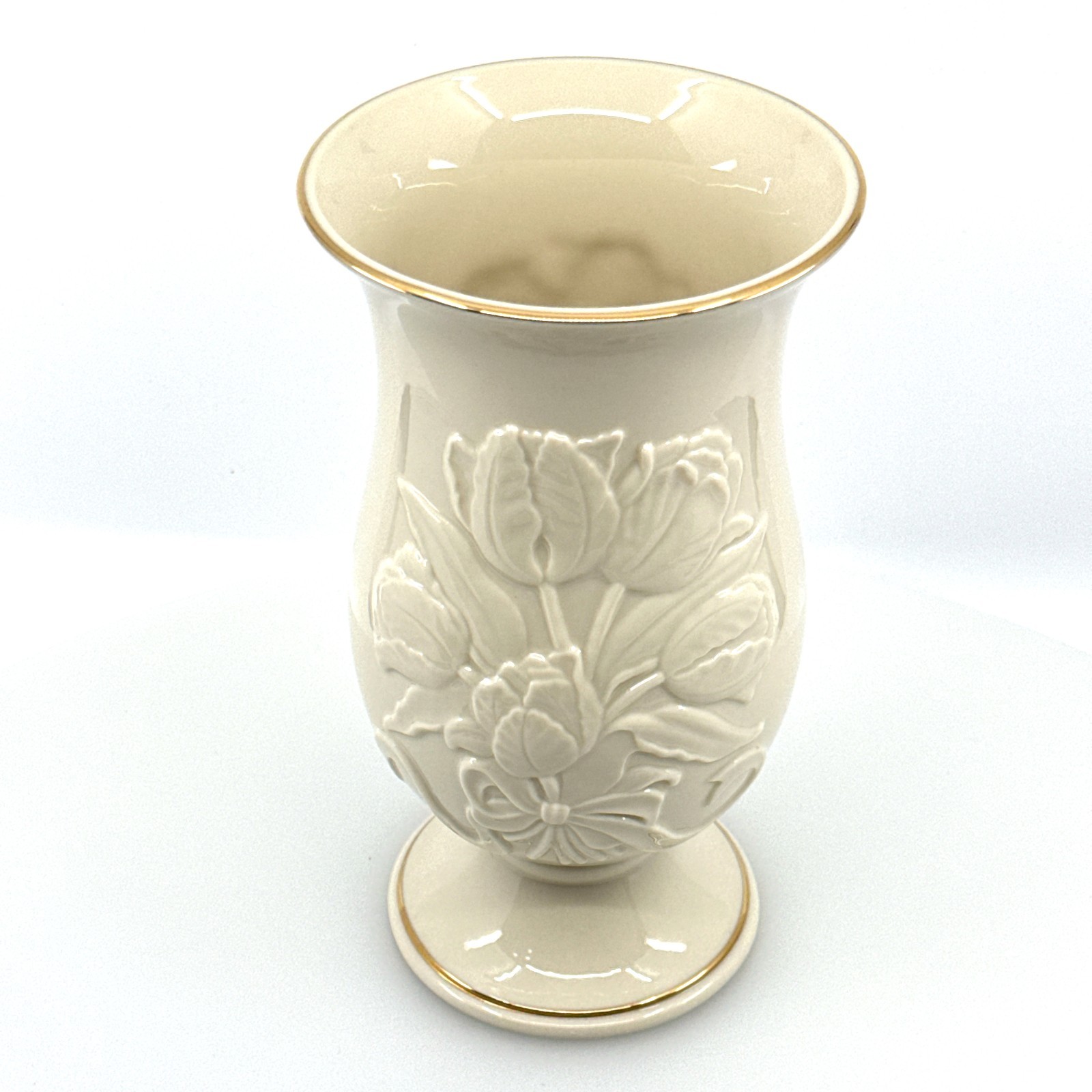 Lenox Tulip Splendor 2002 Mother\'s Day Vase 24K Gold Trim Ivory Porcelain 8.25in