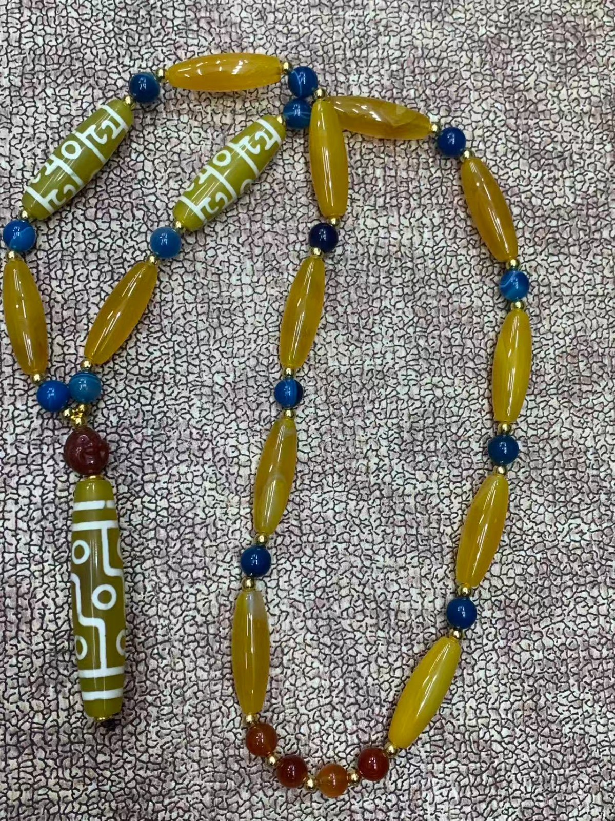Tibetan Yellow Agate Dzi Beads Necklaces W/Agate Dzi *9Eyed* Bead Pendant