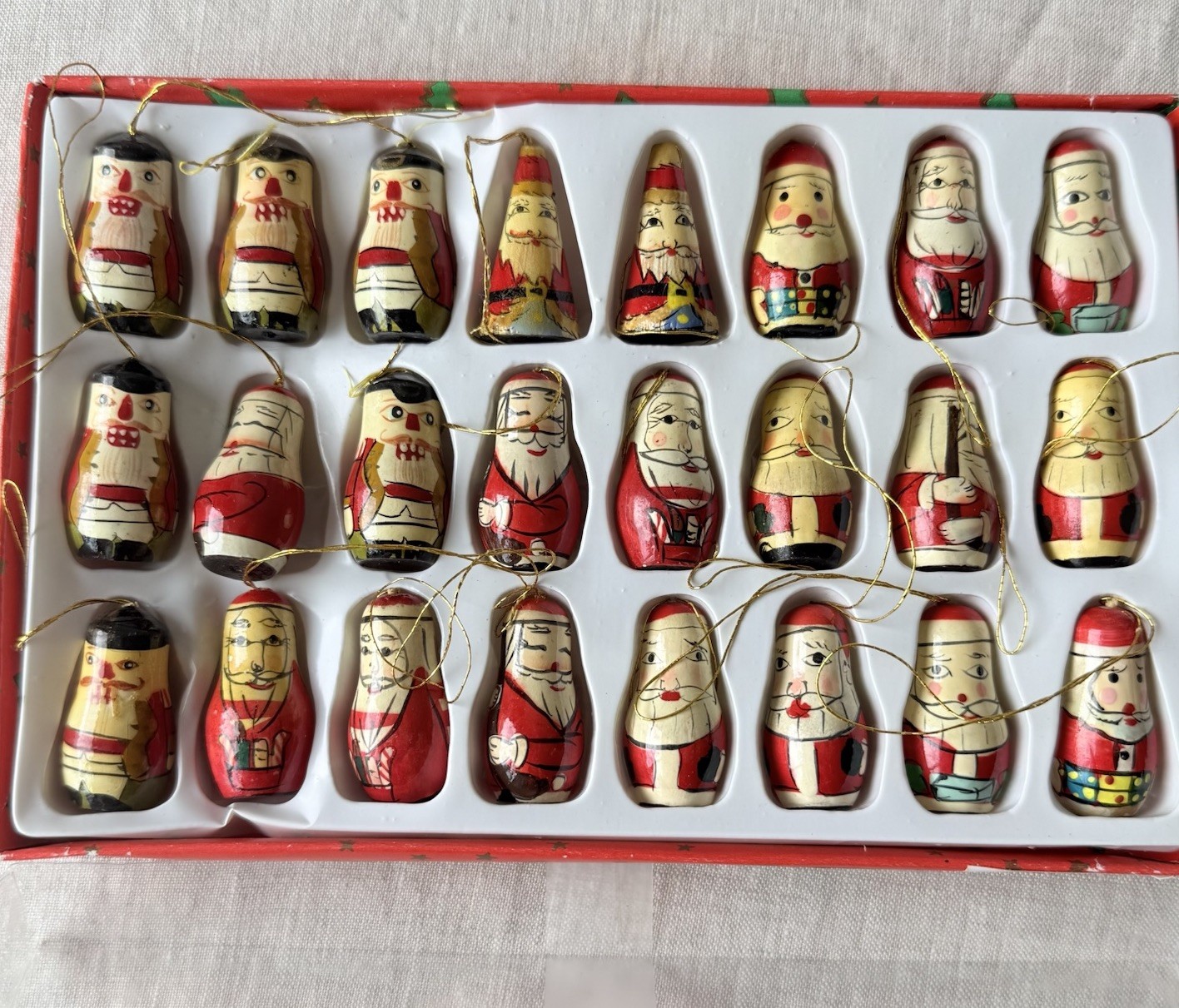 Vintage Miniature Wooden Christmas Ornaments Hand Painted Santa Claus Lot of 24 Vintage Miniature Wooden Christmas Ornaments Hand Painted Santa Claus Lot of 24