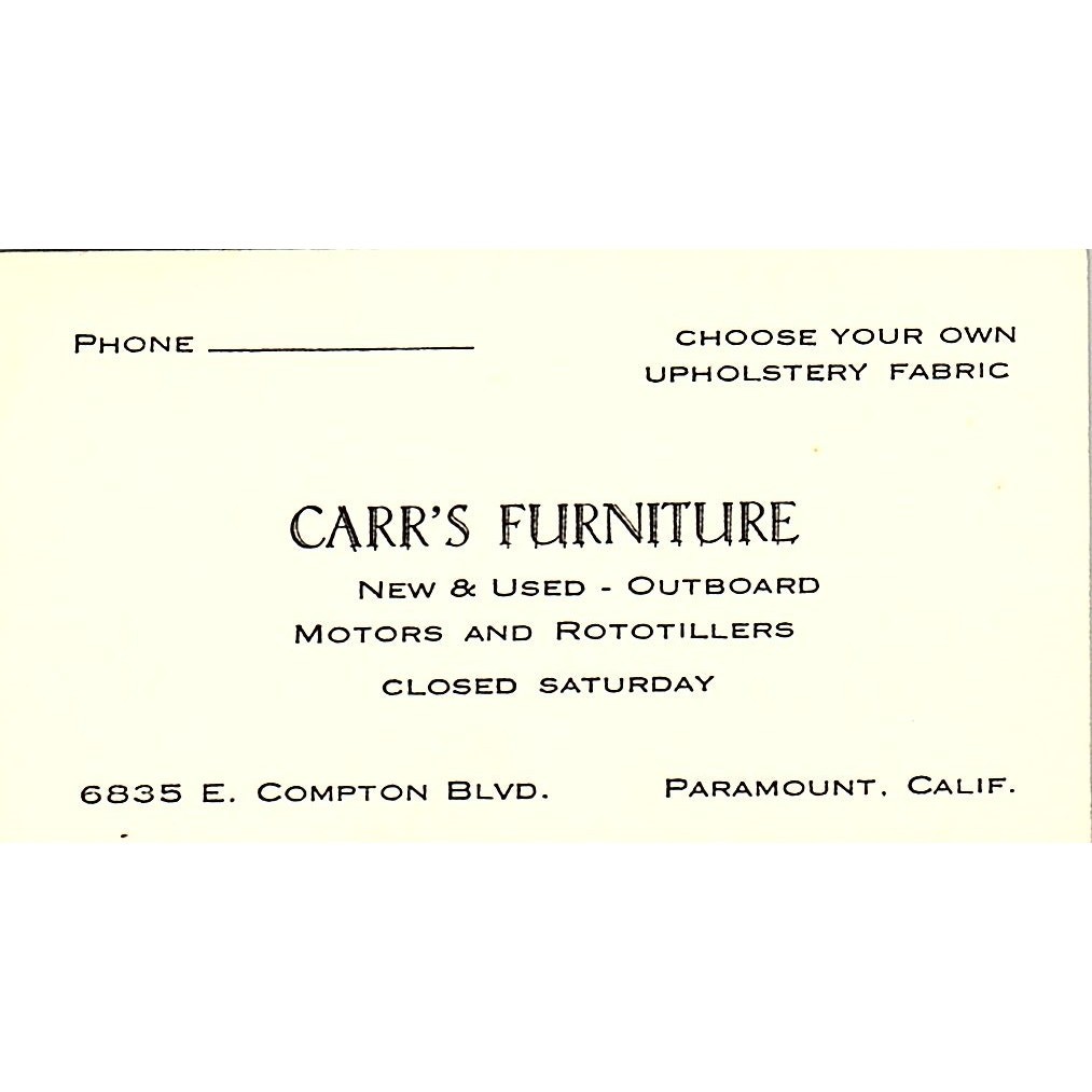 Carr\'s Furniture Outboard Motors Paramount CA Vintage Business Card SF3-B2 Carr\'s Furniture Outboard Motors Paramount CA Vintage Business Card SF3-B2