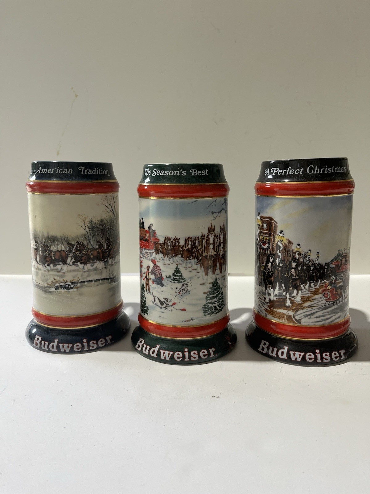 Three (3) Vintage Budweiser “A Perfect Christmas” Beer Steins 1990 1991 1992 