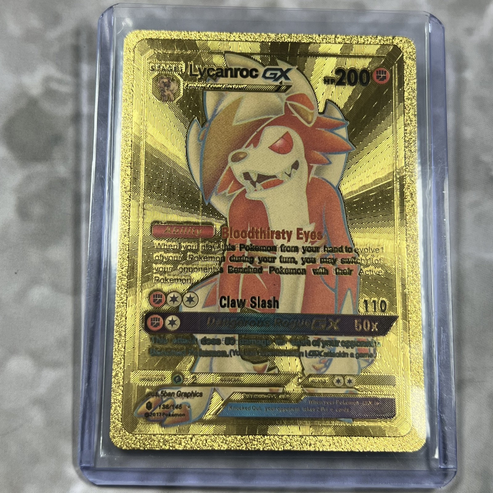 Lycanroc GX Pokemon Gold FAN ART Card Embossed Collectible 138/145