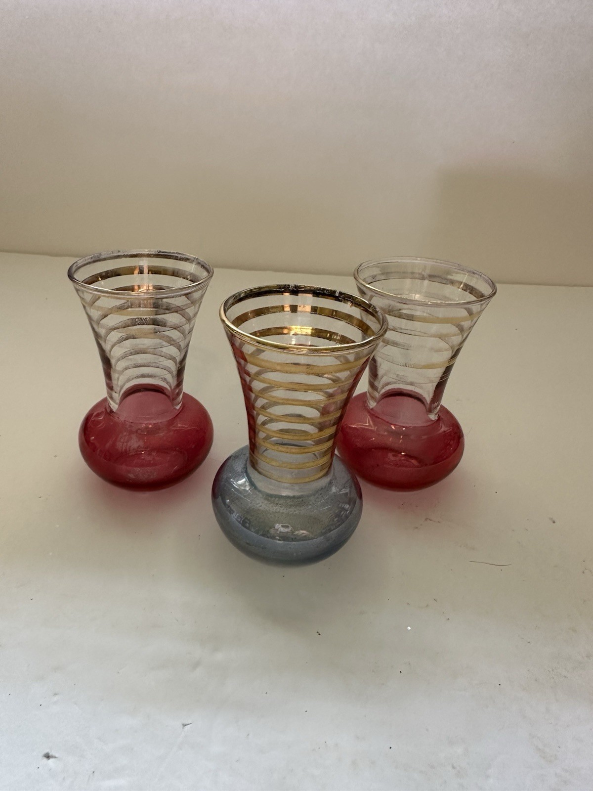 VTG 1950s Bartlett Collins Bud Vases, Pink & Blue Trimmed with Gold Set of 3