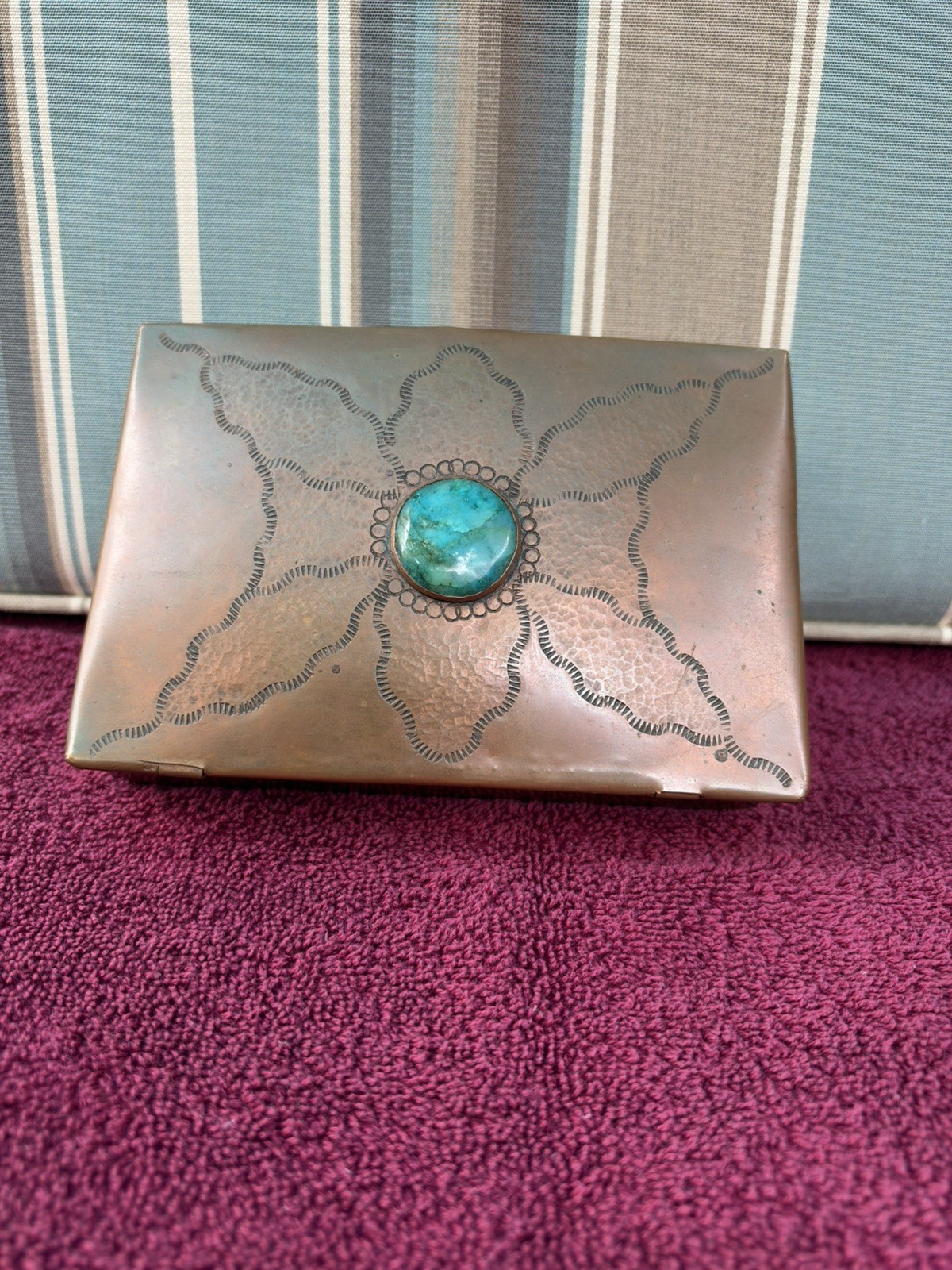 Vtg Large Harvey Era Native American Navajo Stamped Copper Box with Turquoise Vtg Large Harvey Era Native American Navajo Stamped Copper Box with Turquoise