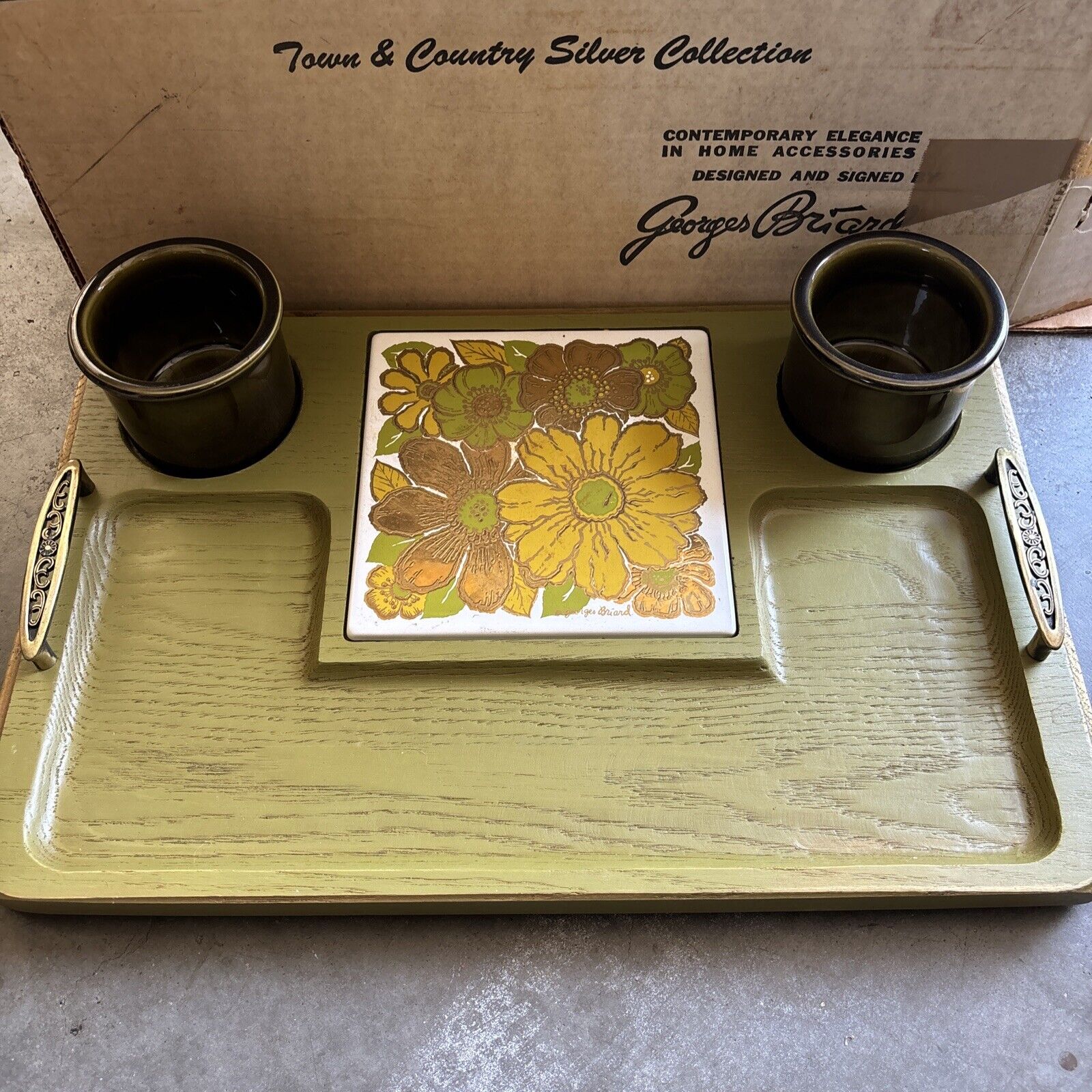 Georges Briard Serving Tray Flower Trivet Green Wood Dish Bowl Cheese Board MCM