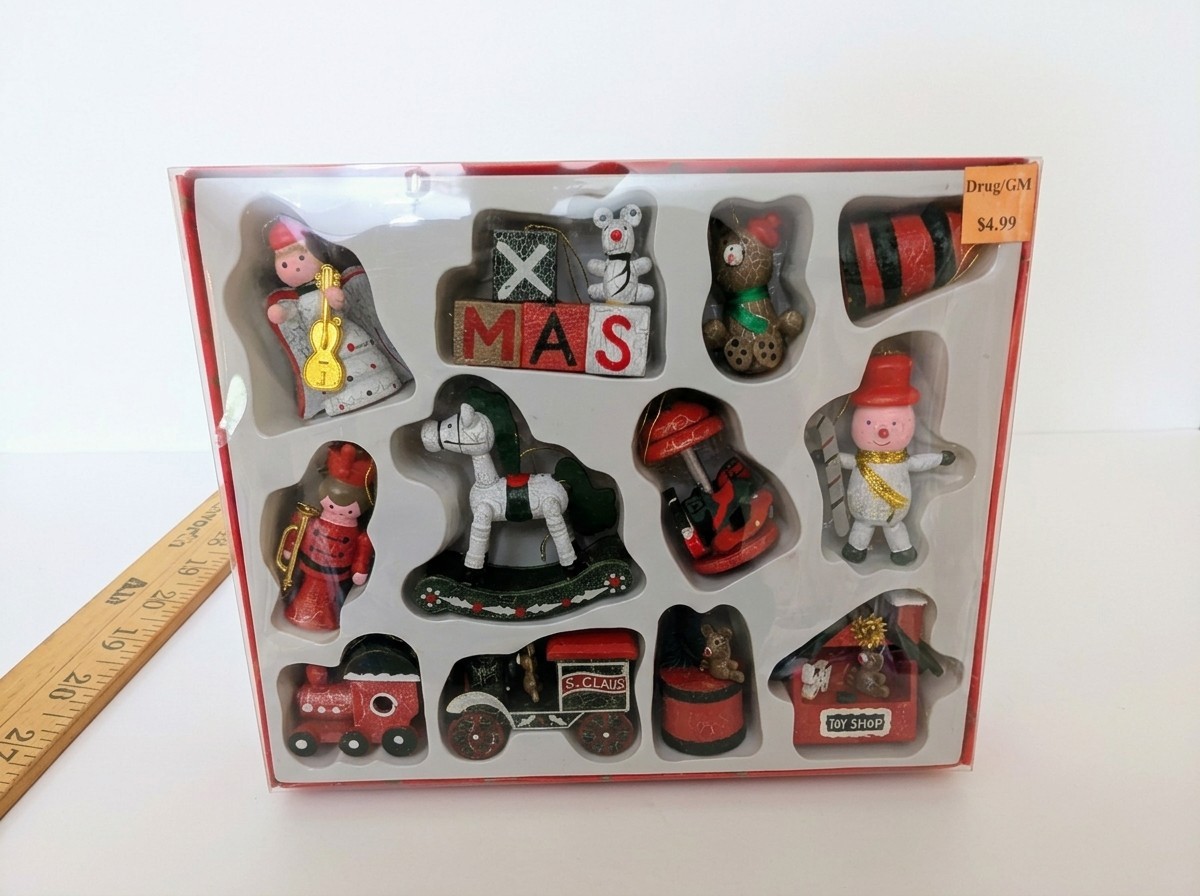 Vintage Miniature Wooden Toy Shop Christmas Tree Ornaments Boxed Set 12 Pcs...