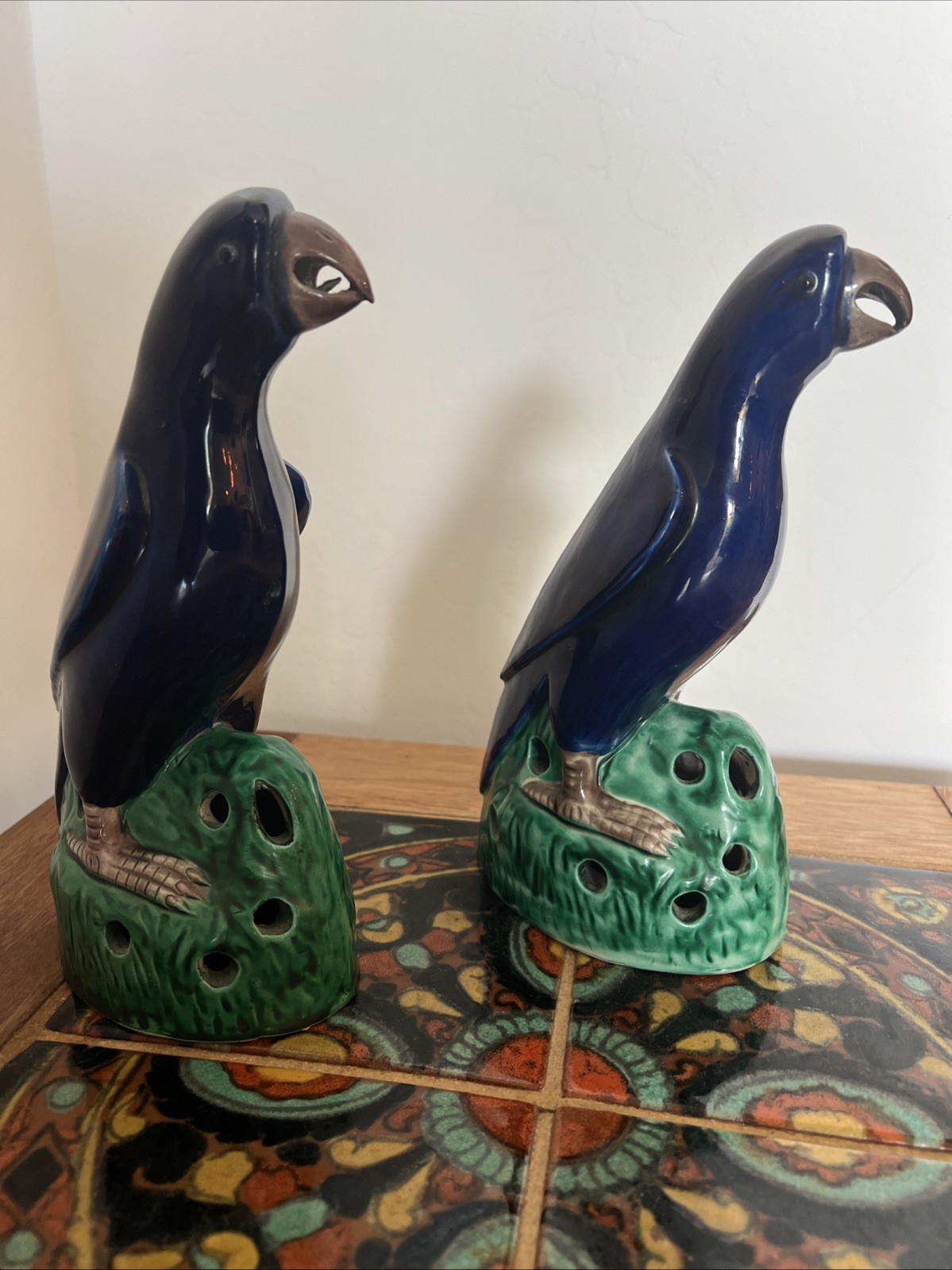 Pair of Authentic 19th Century Chinese Parrots with Cobalt Blue Glaze Figurines Pair of Authentic 19th Century Chinese Parrots with Cobalt Blue Glaze Figurines