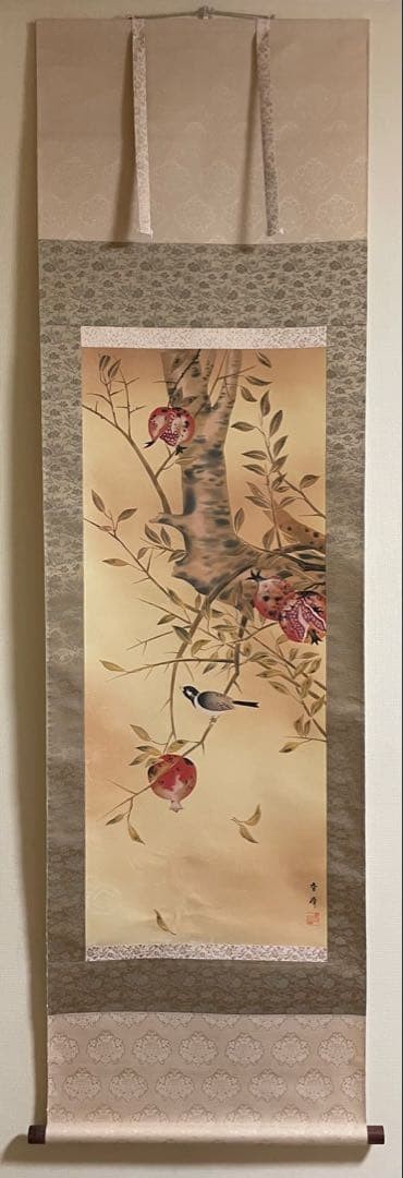 Japanese Hanging Scroll with Pomegranate Print, Antique Art, 182cm x 58cm
