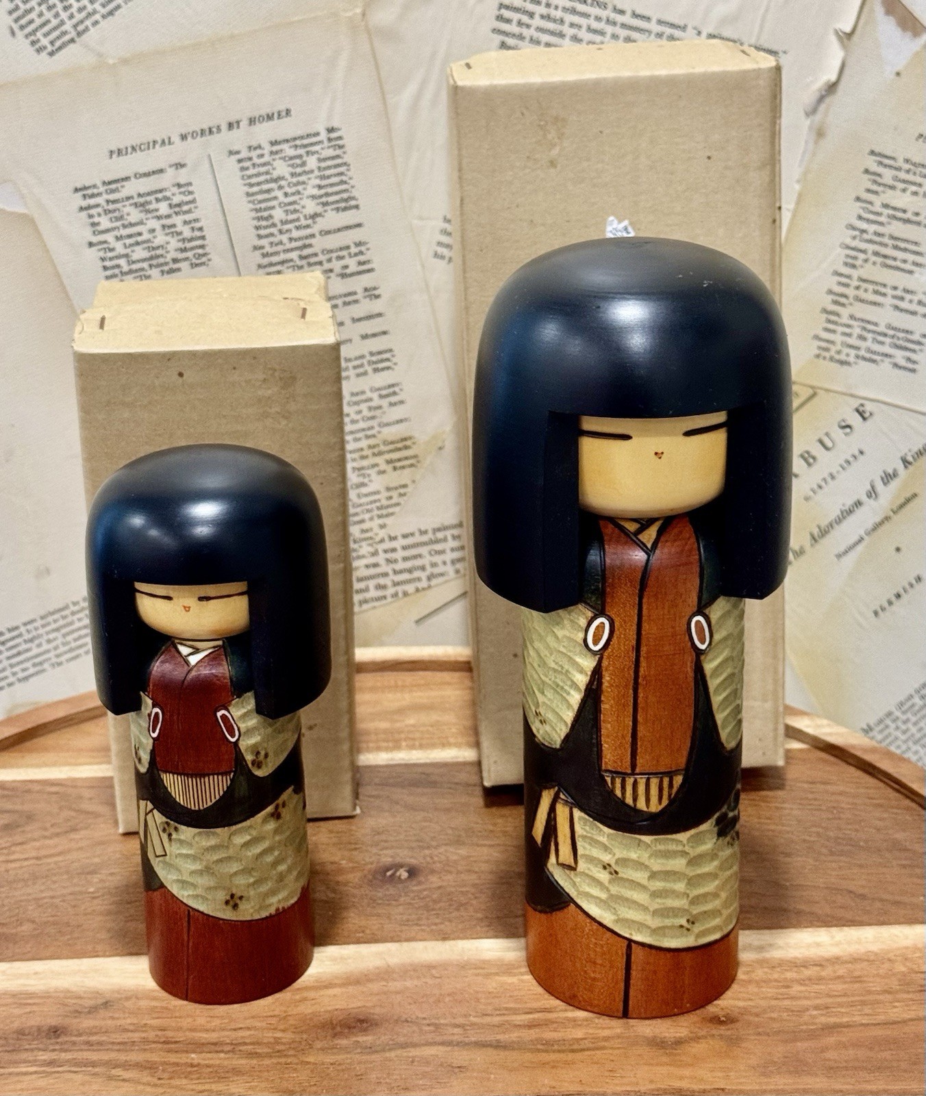 Vintage Japanese Kokeshi Dolls (Set Of 2) Wood Carved Signed By Artist With Box