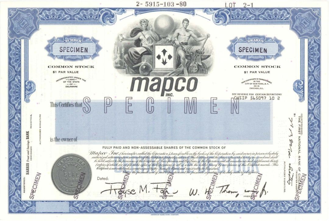 Mapco Inc. - Specimen Stock Certificate - Pipeline Company - Specimen Stocks & Mapco Inc. - Specimen Stock Certificate - Pipeline Company - Specimen Stocks &