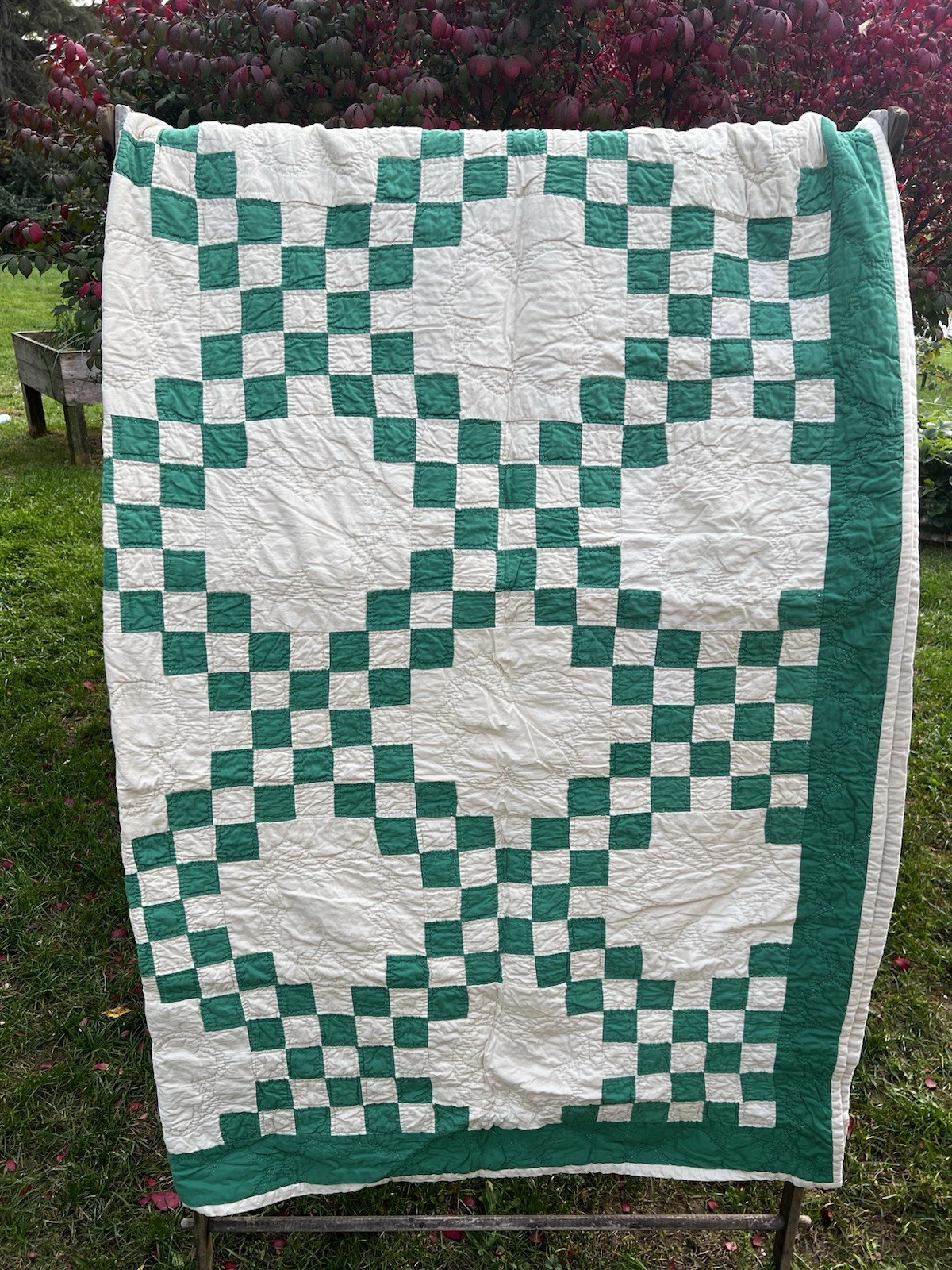 Vintage Antique Hand Quilted Double Irish Chain Quilt Green 74