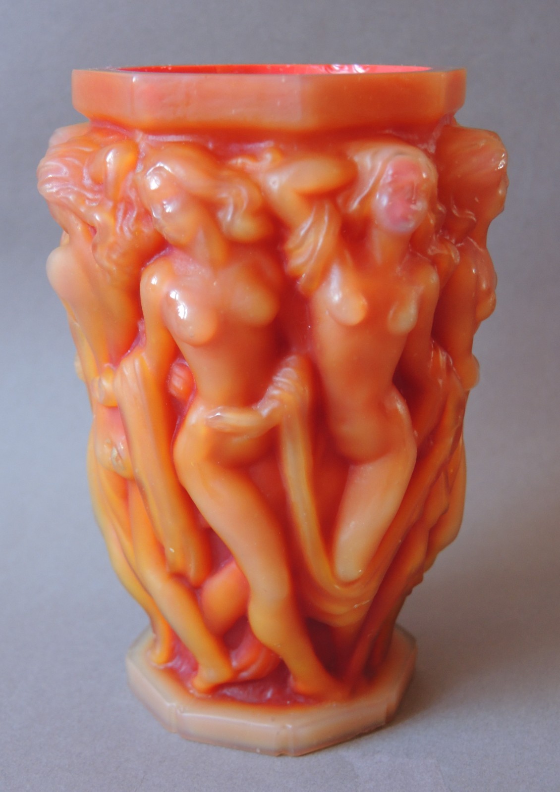 Halama Maidens After Bath Art Deco Czech Glass Vase Red Amber 1945 Design