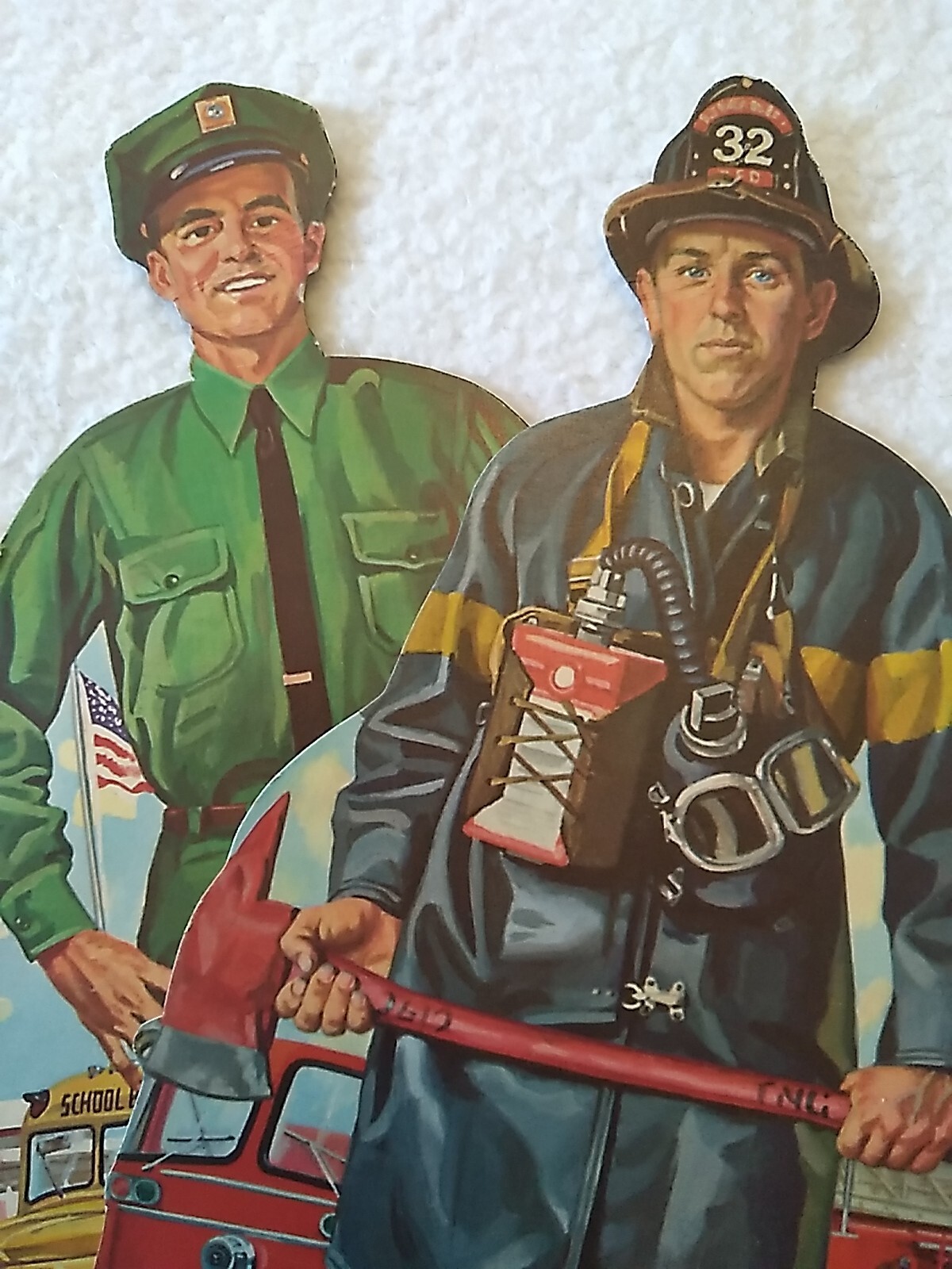 1950s-60s Occupational Cardboard Die Cut Bus Driver And Fireman Vintage Antique