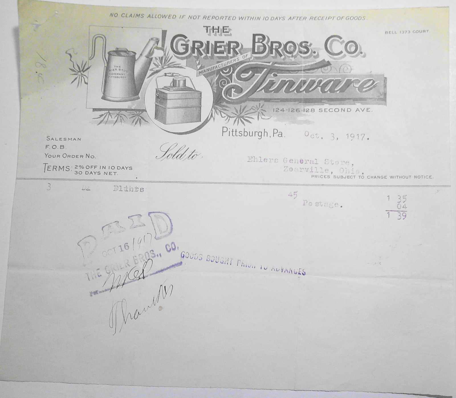 1917 Ehlers General Store Zoarville Ohio Receipt Grier Bros Pittsburgh Mining Fl 1917 Ehlers General Store Zoarville Ohio Receipt Grier Bros Pittsburgh Mining Fl
