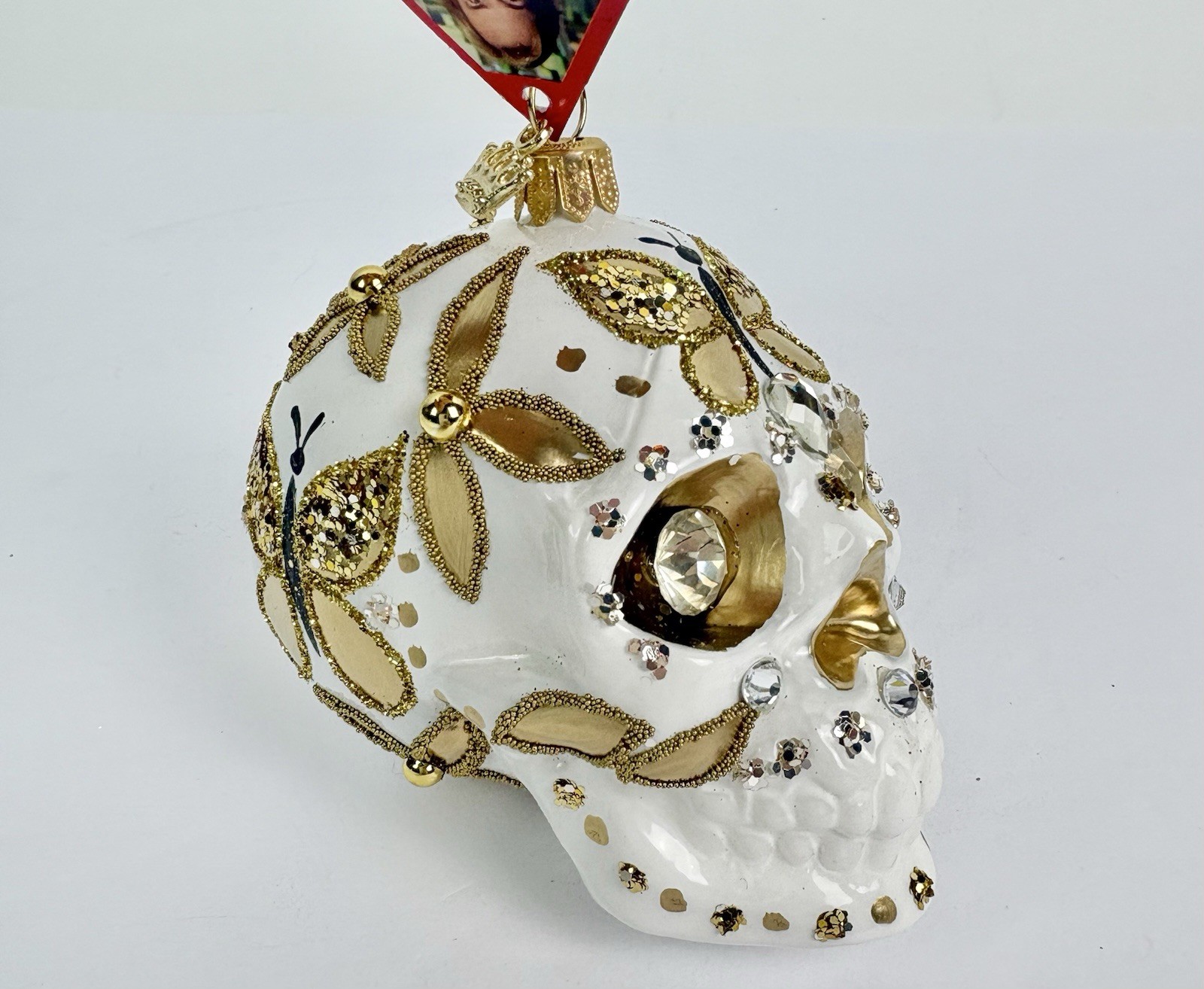 Heartfully Yours SkullDuggery White/gold Halloween Ornament Day Of Dead Radko 3”
