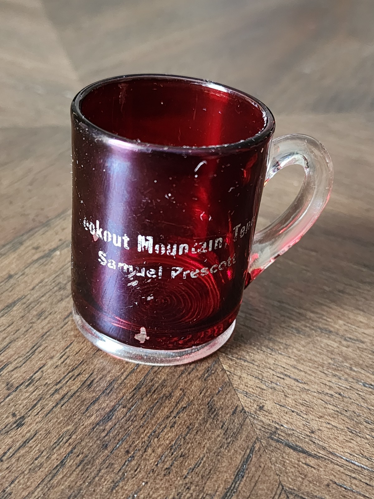 Antique EAPG Ruby Red Flash Glass Cup Mug Souvenir of Lookout Mountain TENNESSEE