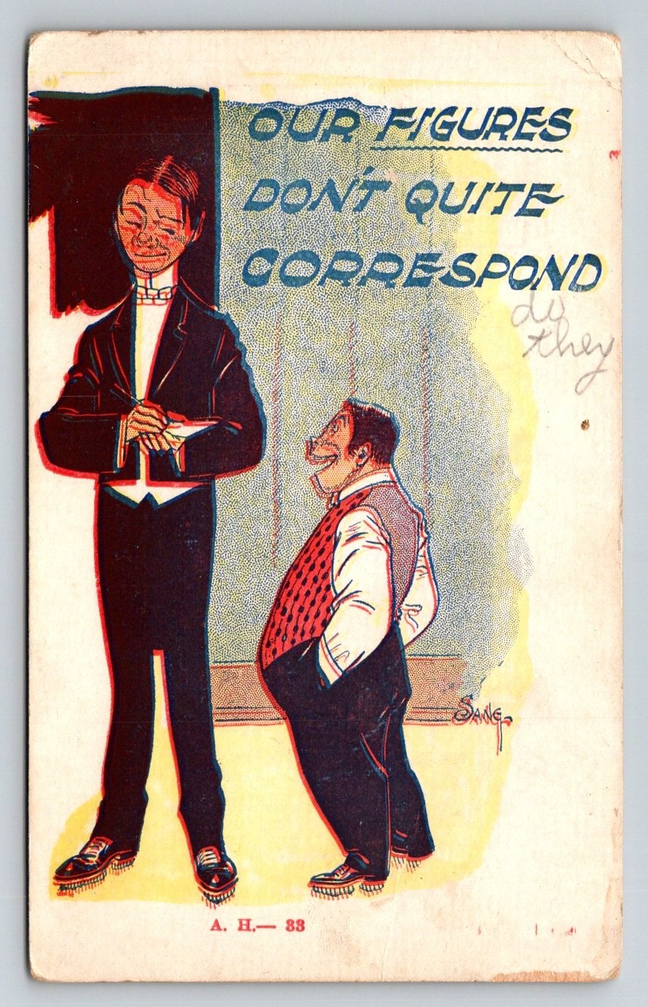 Vintage Comic Postcard Sanger Art: Our Figures Don\'t Quite Correspond America WI Vintage Comic Postcard Sanger Art: Our Figures Don\'t Quite Correspond America WI