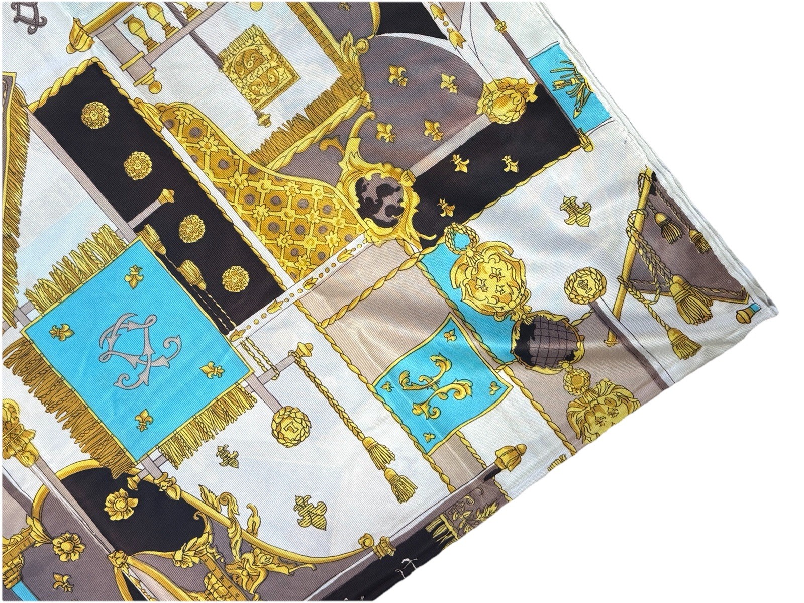 Rare Vintage Designer Print Fabric 1960s Antron Nylon Equestrian Blue Brown Gold Rare Vintage Designer Print Fabric 1960s Antron Nylon Equestrian Blue Brown Gold