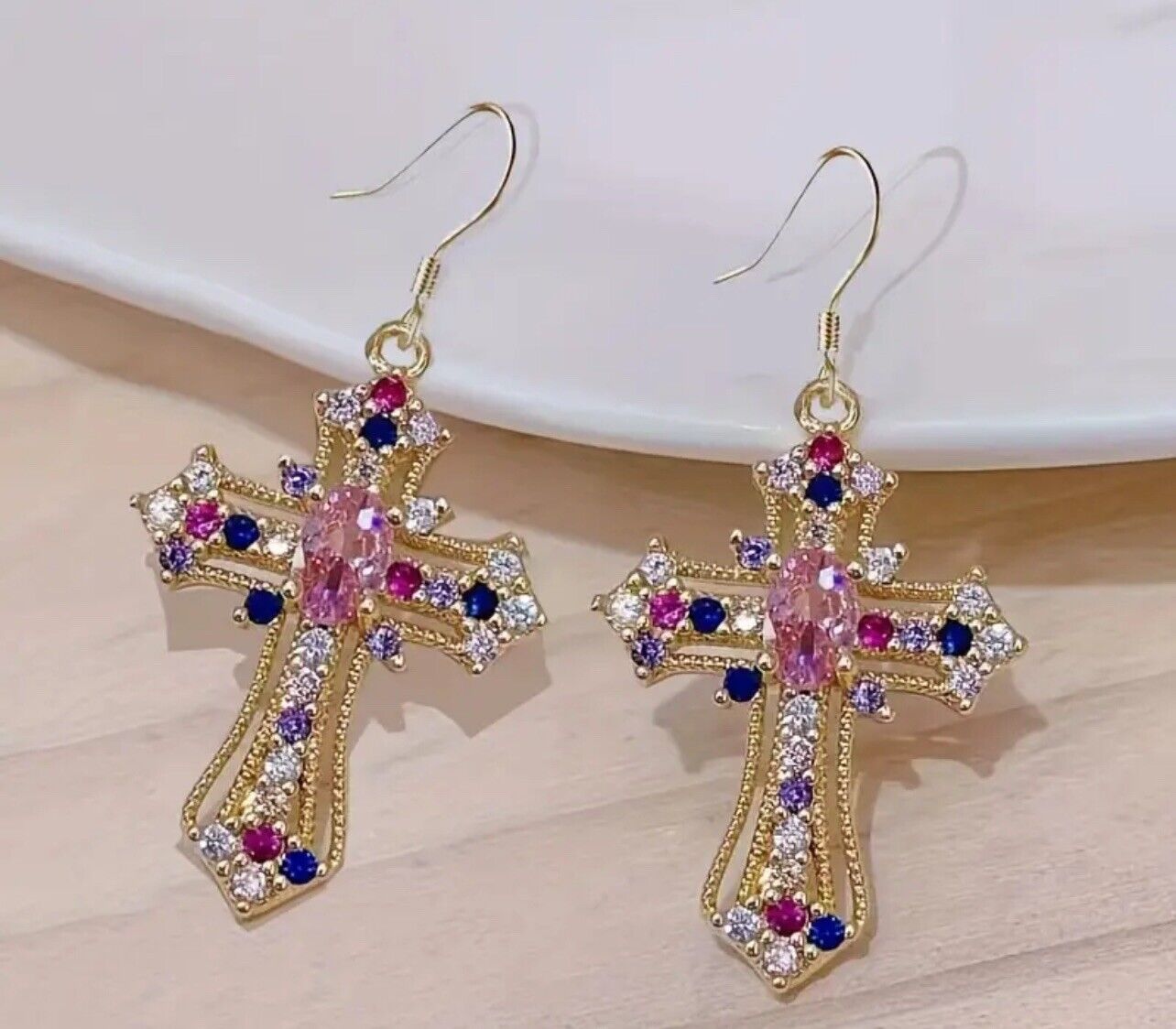 18 K Gold plated cross earrings with cubic zirconia stones , for Women