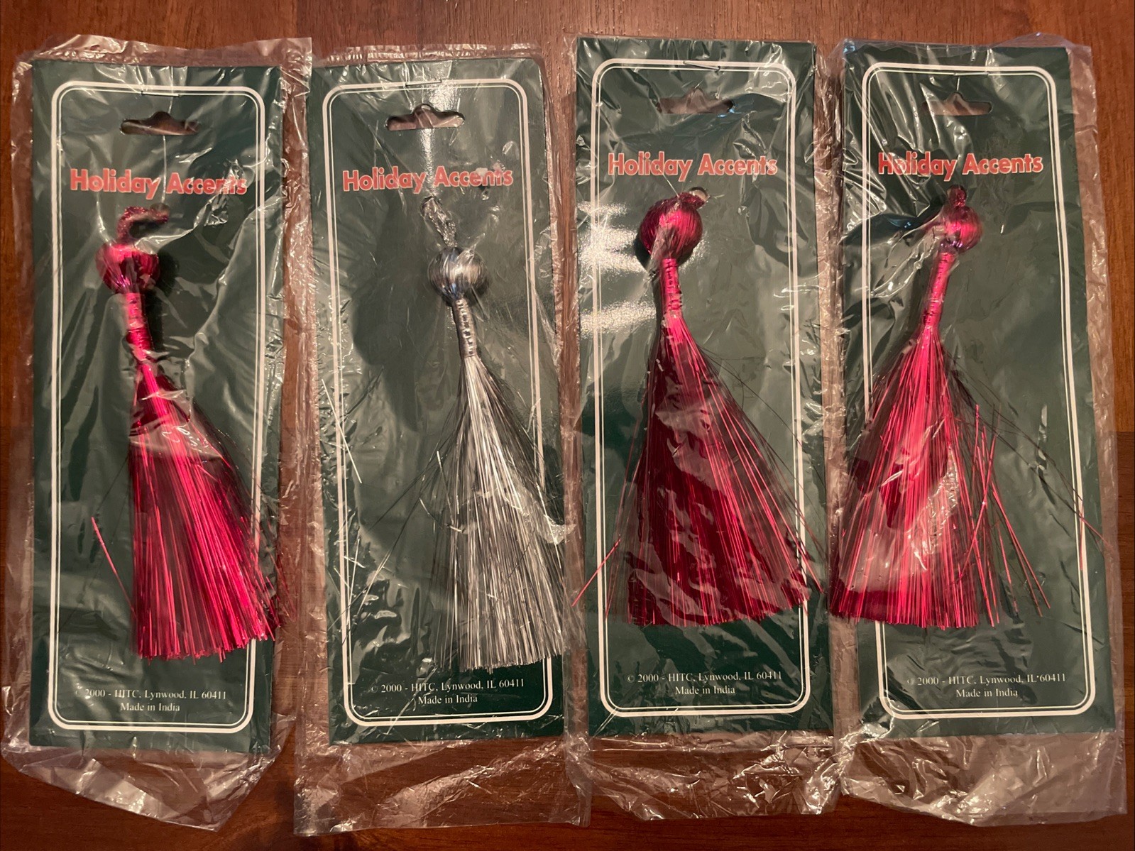 Holiday Accents Christmas Tree Tinsels Set 4 Red Silver Ornament Tassel