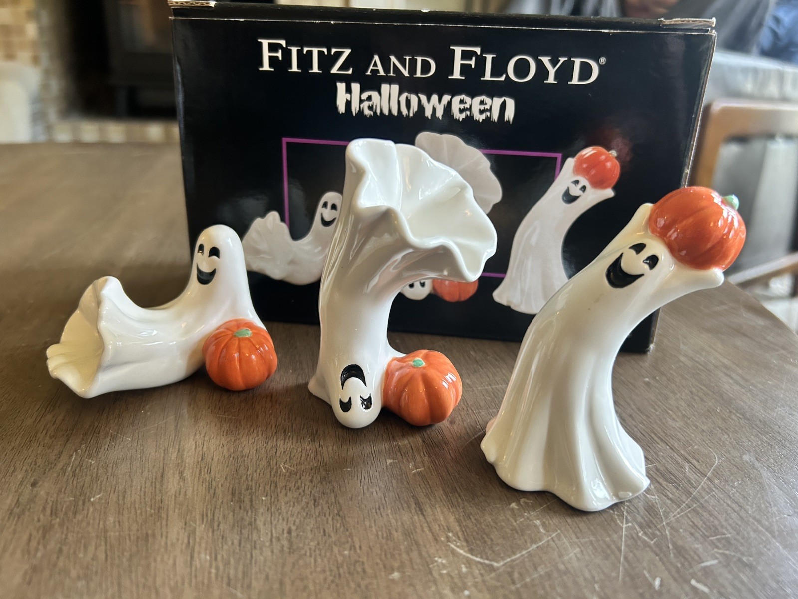 Fitz and Floyd Tumblers Halloween Ghost Pumpkin Figures Vintage Set of 3 Ghosts