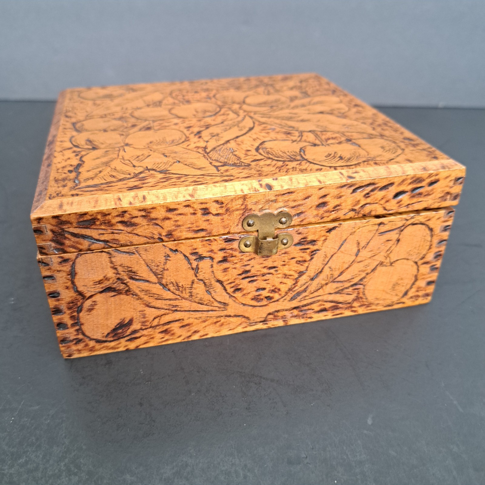 Antique Flemish Art Pyrography Burned Wood Trinket Box Cherry Motif 1900s