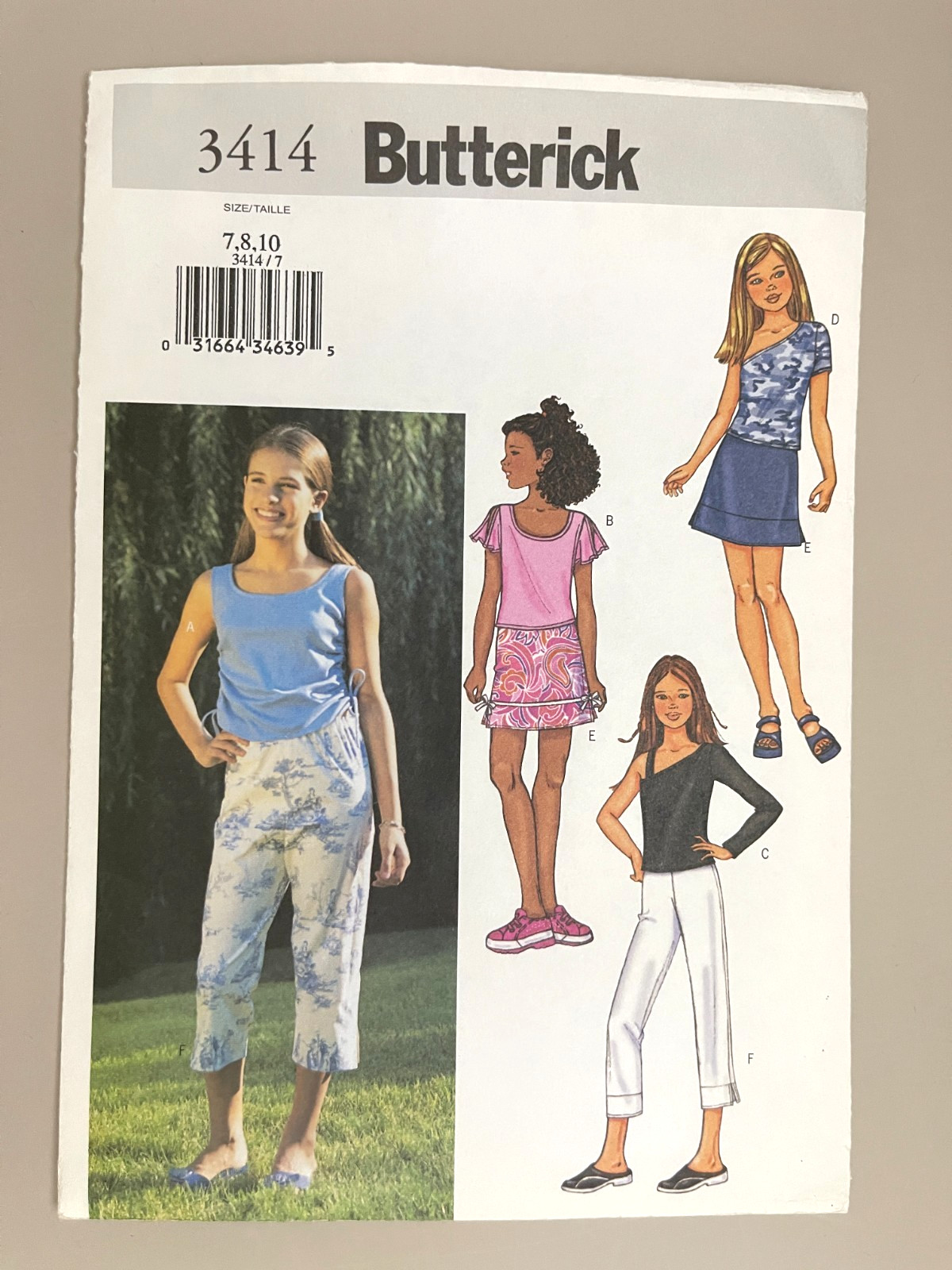 Butterick Girls' Top,Skirt,Pants Pattern 3414 Size 7-10 UNCUT