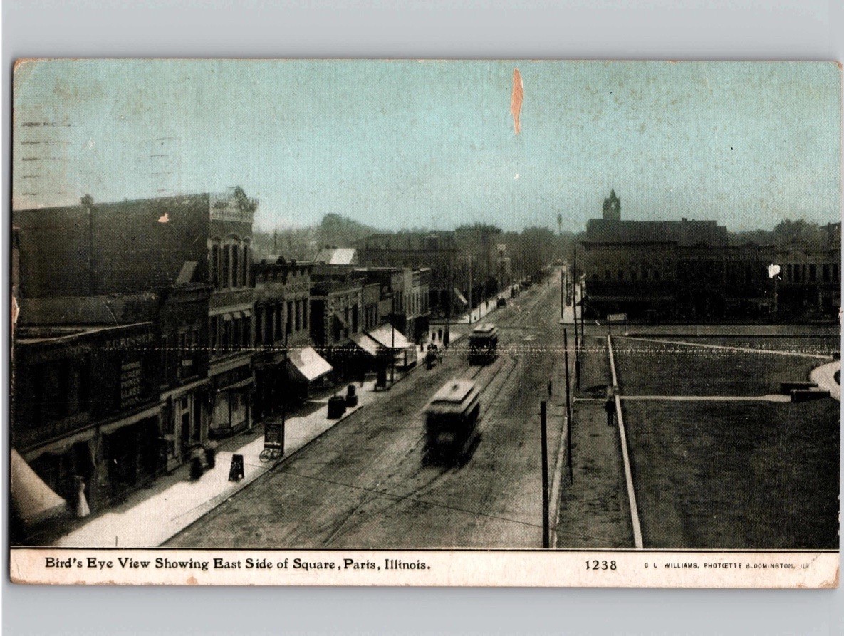 c1910 Bird’s Eye View East Side of Square Paris Illinois IL Williams Postcard