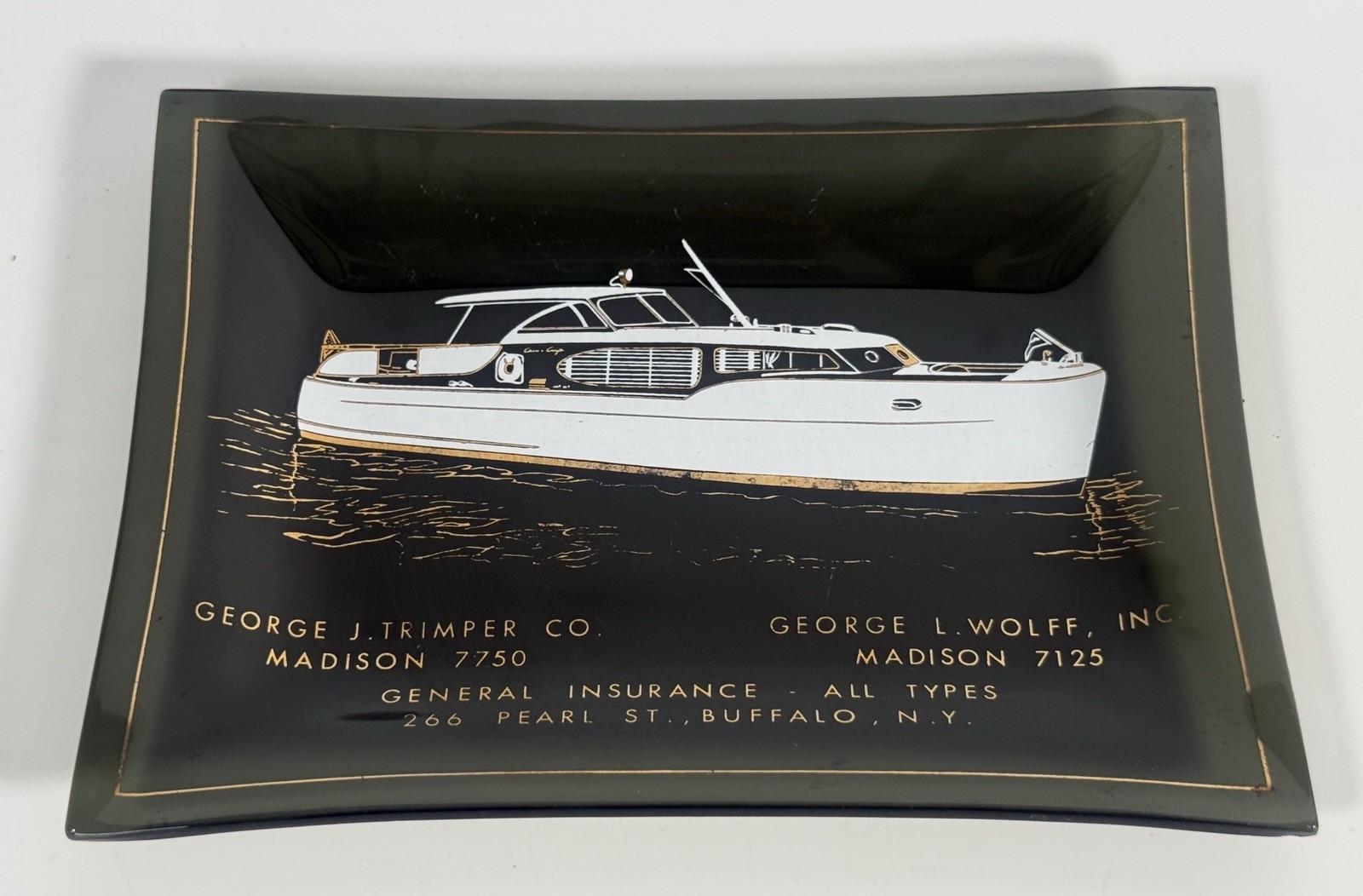 Vintage Buffalo NY Yacht Insurance Boat Advertising Glass Ashtray Dish Mint Vintage Buffalo NY Yacht Insurance Boat Advertising Glass Ashtray Dish Mint