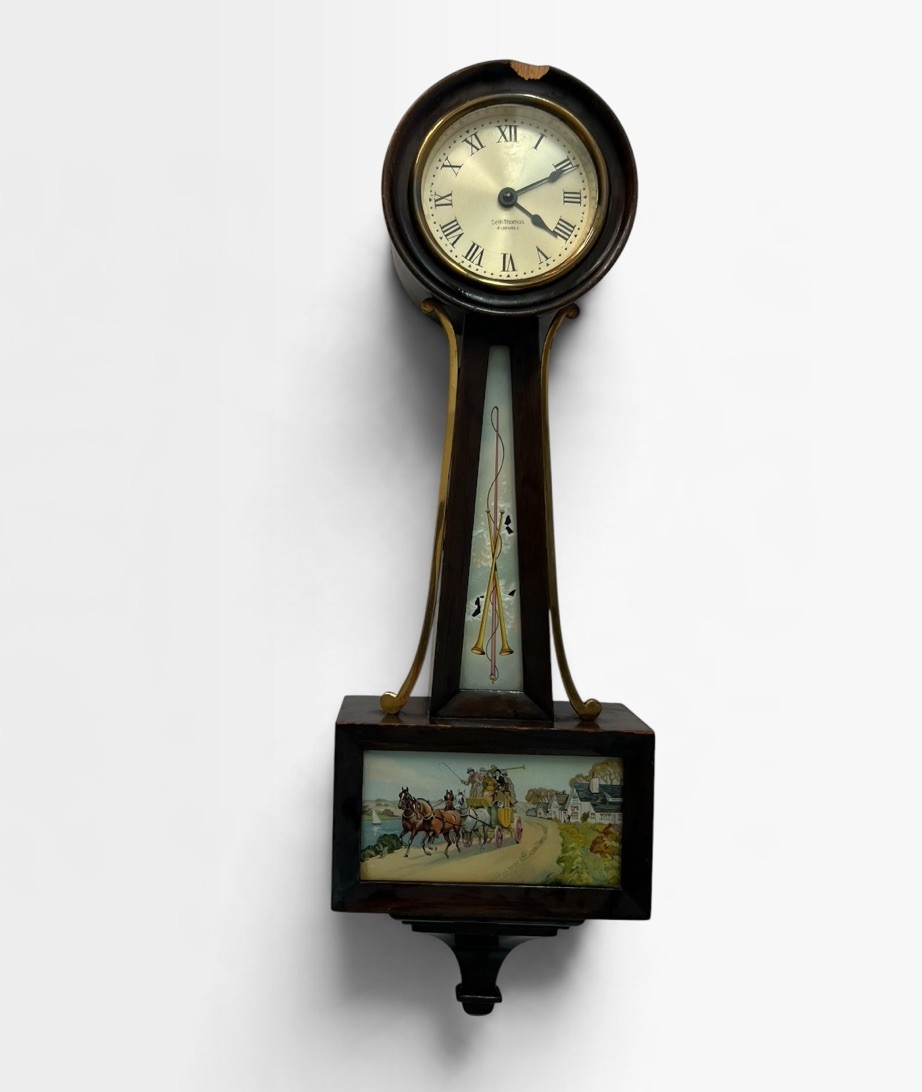 Seth Thomas Hampton Banjo Wall Clock 4 Jewels Stagecoach Scene Wood Case Runs