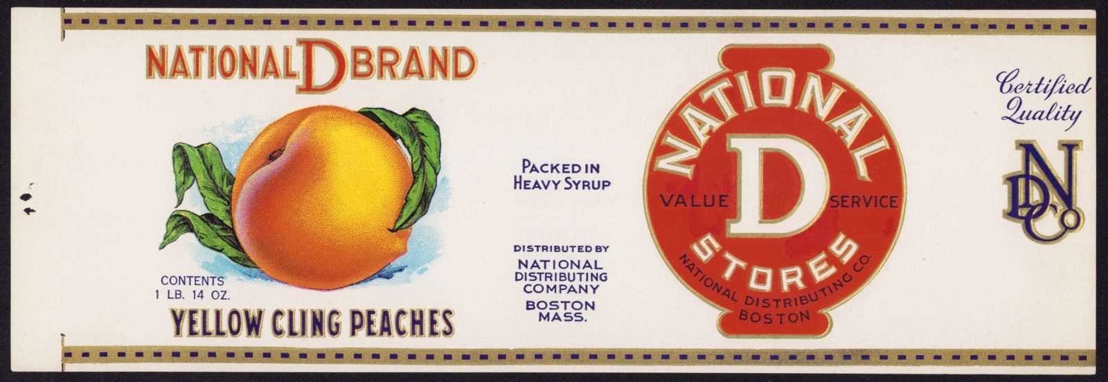 NATIONAL D BRAND PEACHES antique can label Boston Mass file sample 1932 NATIONAL D BRAND PEACHES antique can label Boston Mass file sample 1932