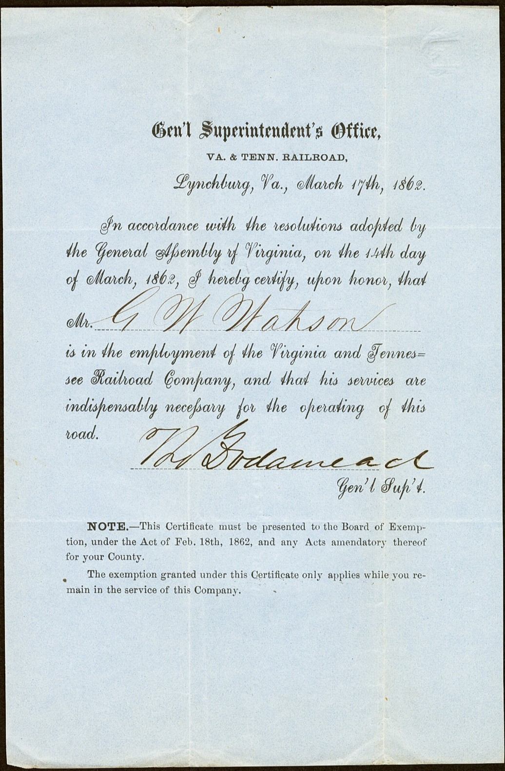 Virginia & Tennessee Railroad General Superintendent Work Exemption Mar 7, 1862