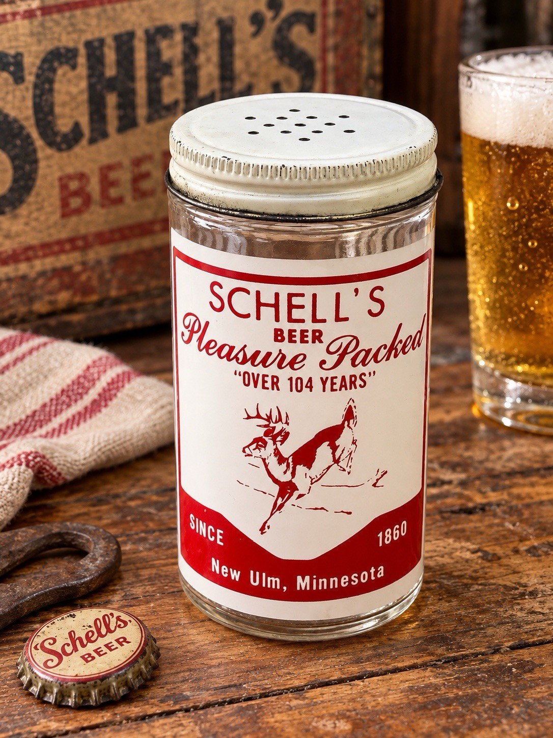 Rare VINTAGE SCHELL'S BEER GLASS SALT SHAKER NEW ULM MN AUGUST SCHELL Deer