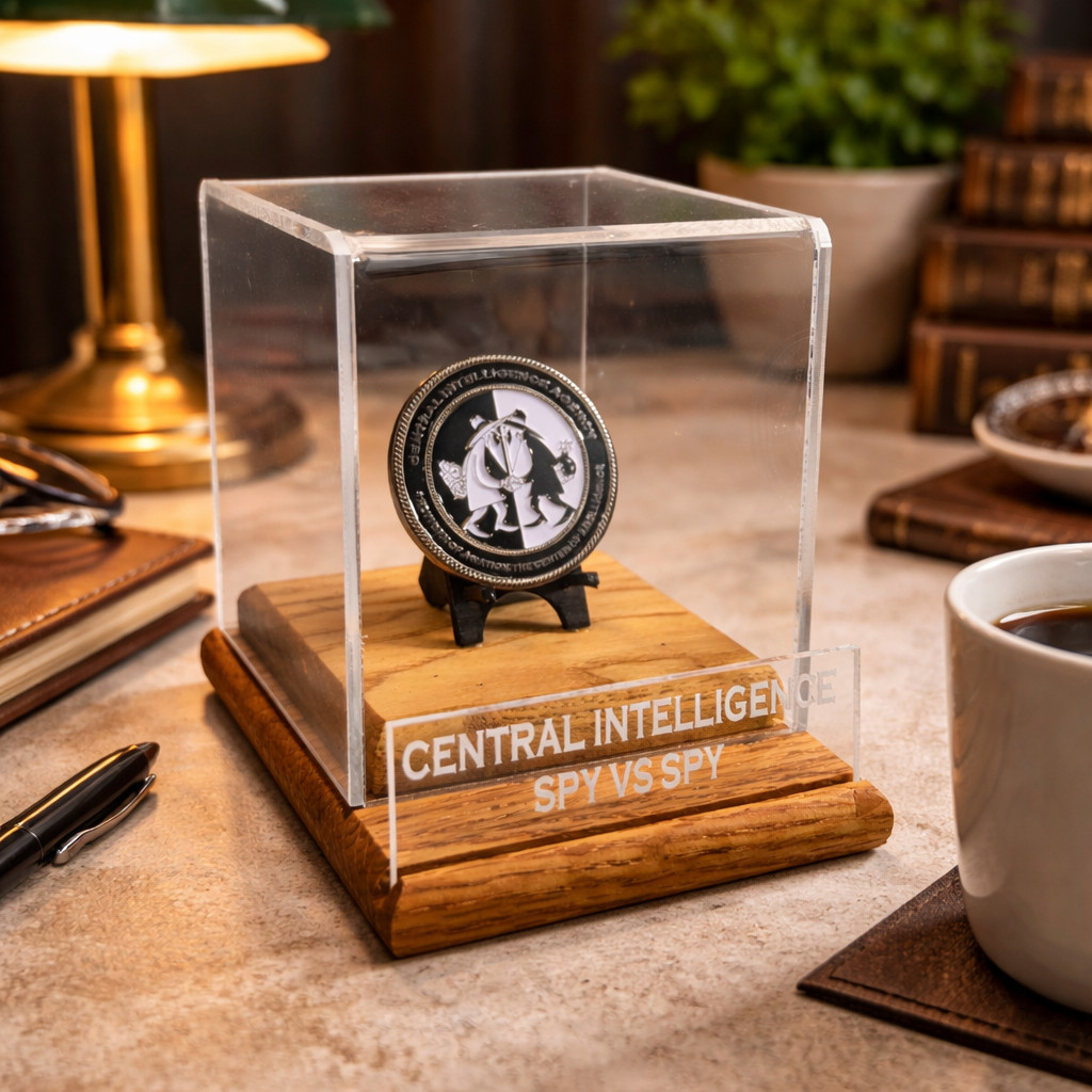 CIA Spy v Spy Coin Display Case Acrylic Shadow Box W/ Wood Base coin included 40