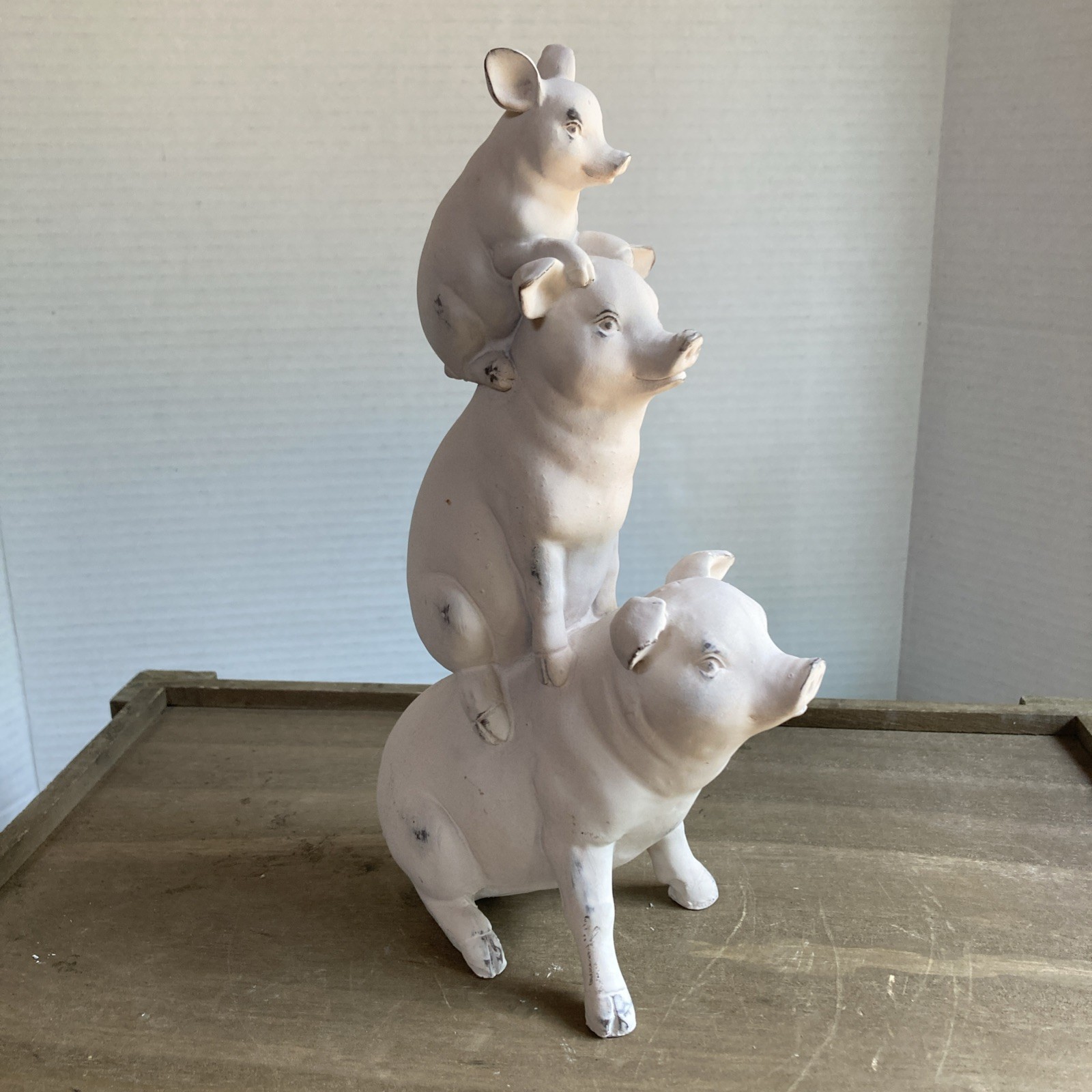 Farmhouse stacked pig sculpture ~  3 Vertical Stacked Pigs ~ Resin ~ 9.5” tall 