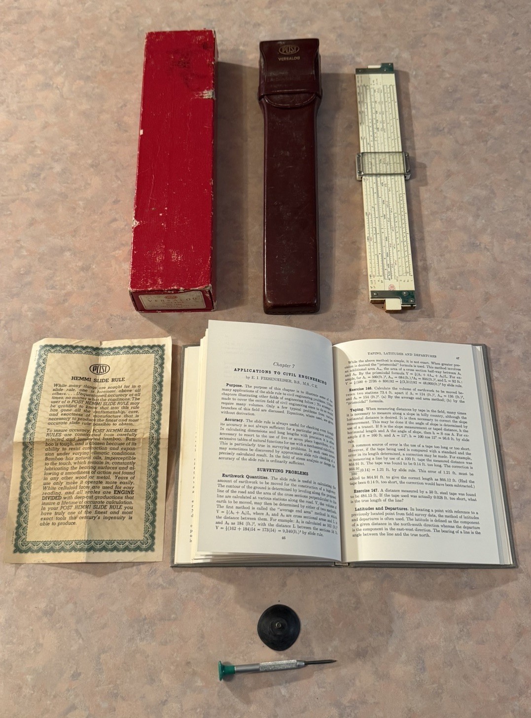 VTG. Frederick Post- #1460 Versalog Slide Rule- w/ Box Case & Manual- Year 1951
